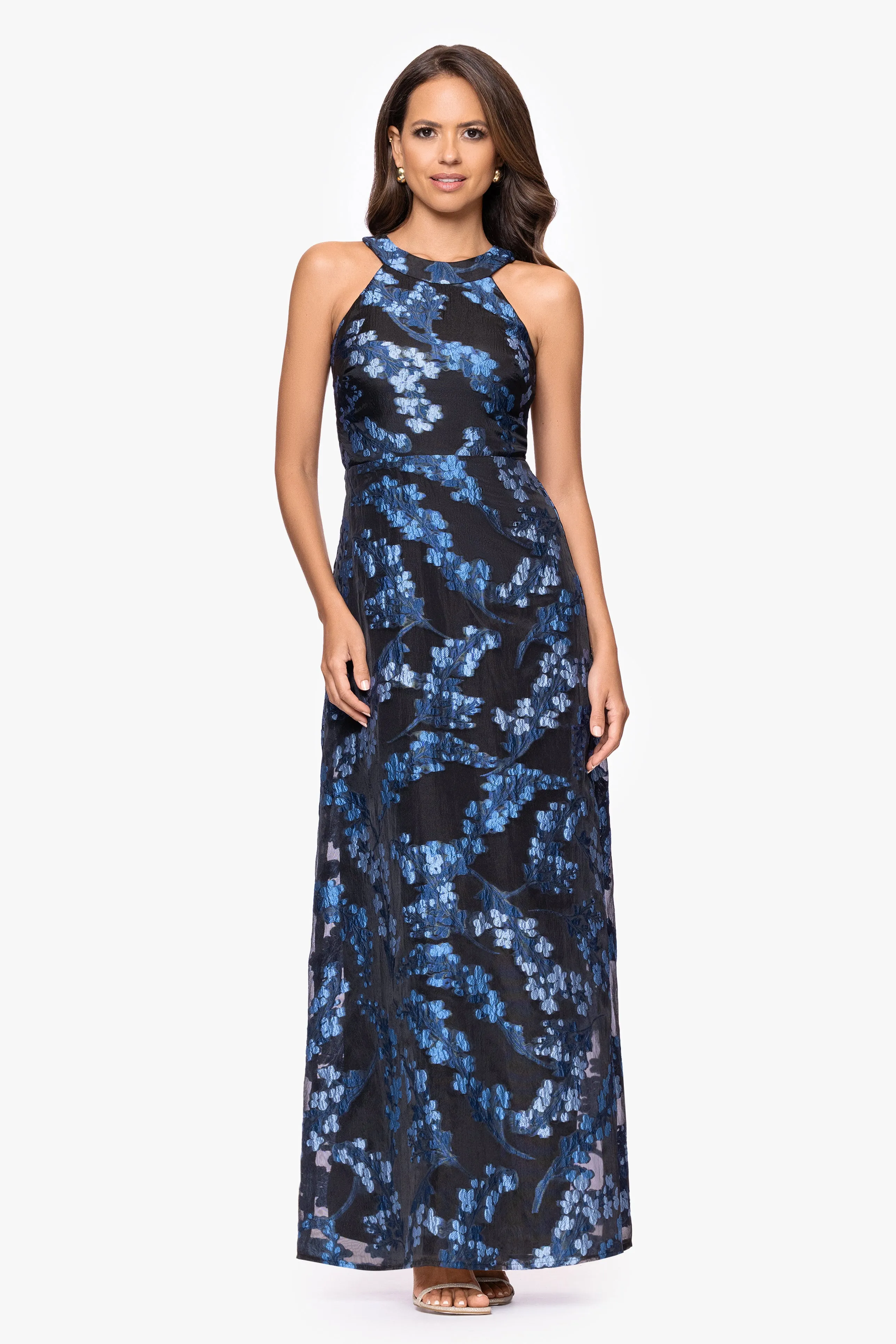 Petite "Leila" Organza Brocade Halter Neck Floor Length Dress sold by Betsy & Adam product image thumbnail 5