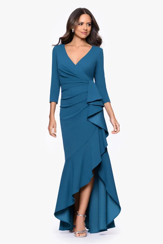 "Pauline" Scuba Crepe 3/4 Sleeve Ruffle Floor Length Dress sold by Betsy & Adam