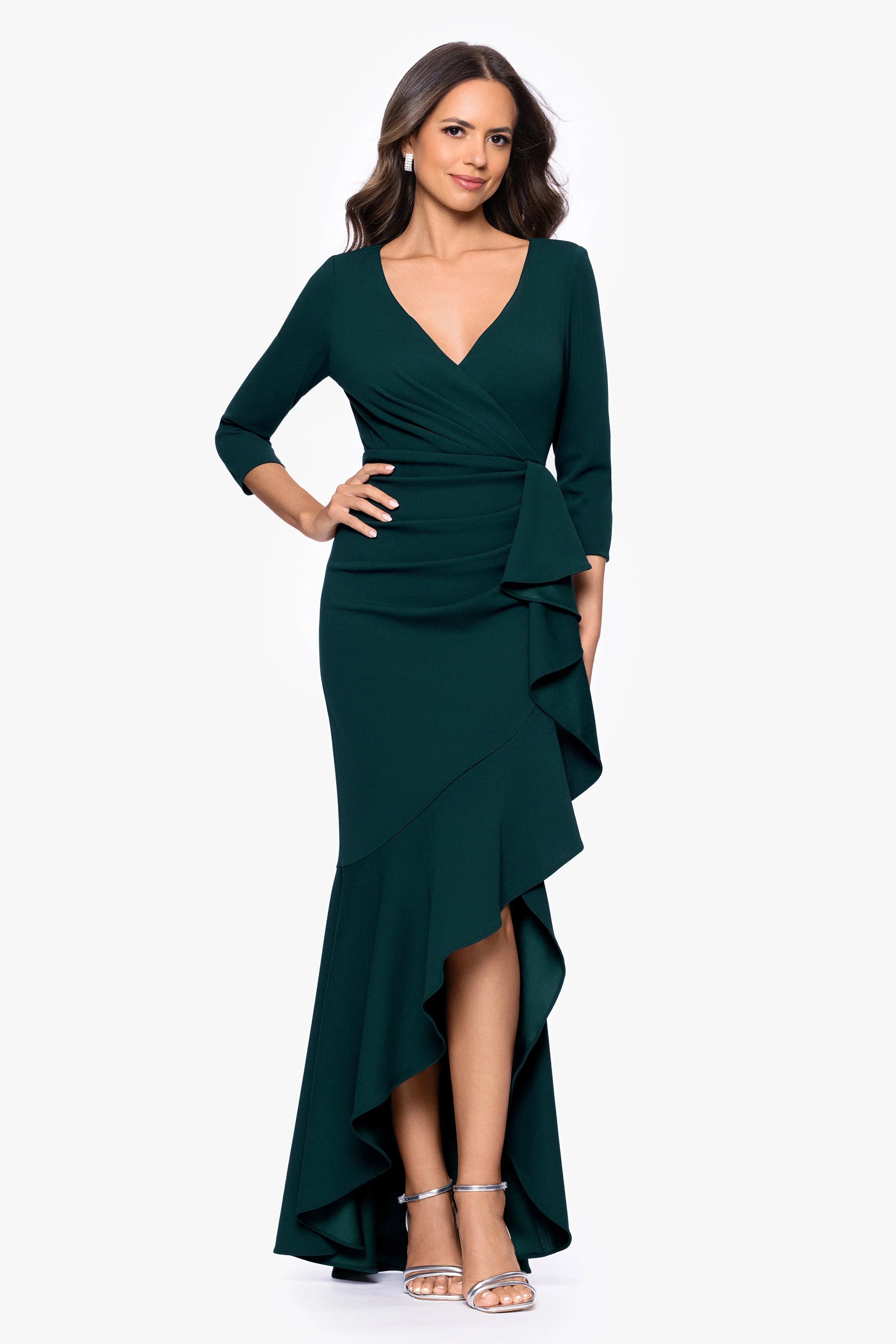 "Pauline" Scuba Crepe 3/4 Sleeve Ruffle Floor Length Dress sold by Betsy & Adam product image thumbnail 4
