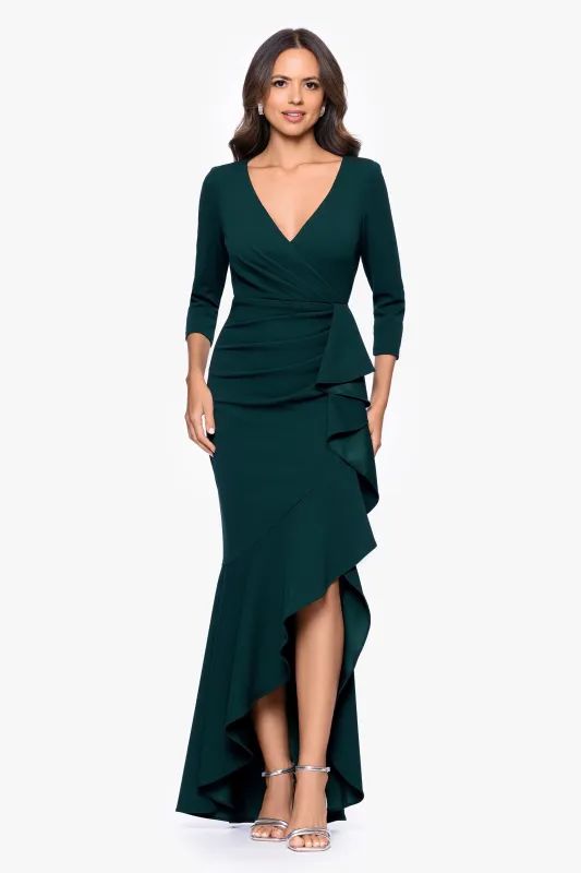 "Pauline" Scuba Crepe 3/4 Sleeve Ruffle Floor Length Dress sold by Betsy & Adam