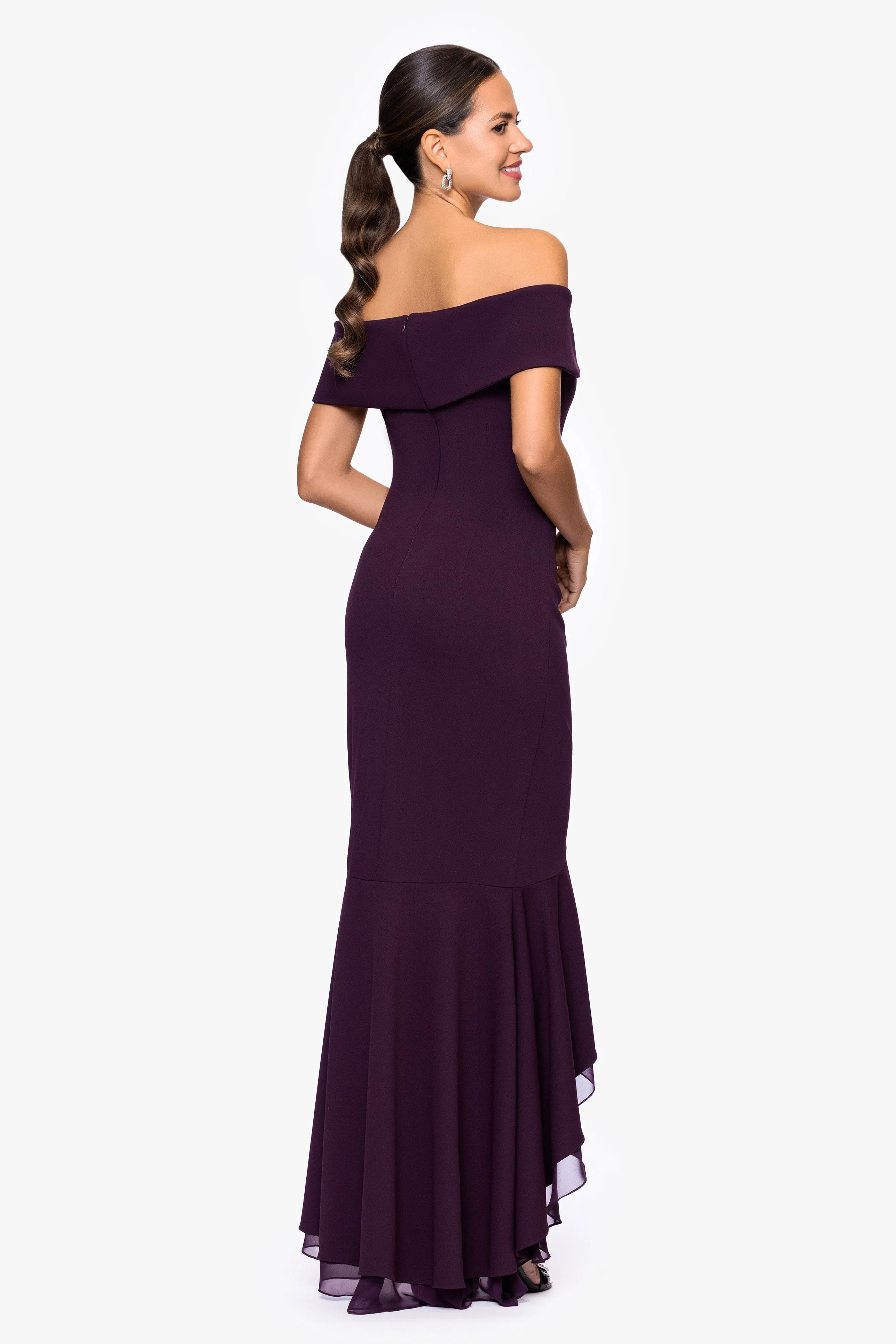 Petite "Aspyn" Scuba Crepe Off the Shoulder Chiffon Ruffle Floor Length Dress sold by Betsy & Adam product image thumbnail 3