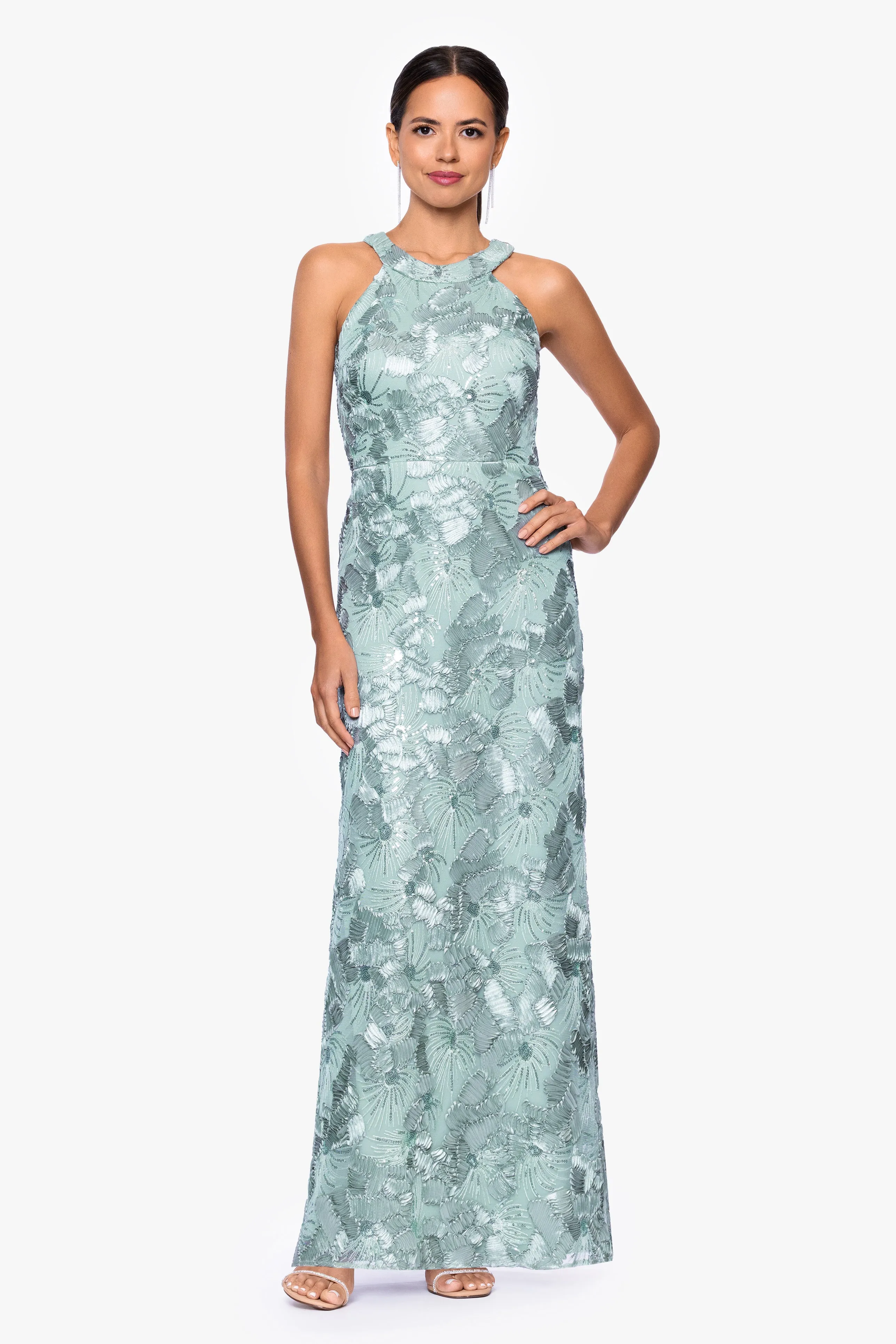 "Fabiana" Halter Neck Soutache and Sequin Floor Length Dress sold by Betsy & Adam