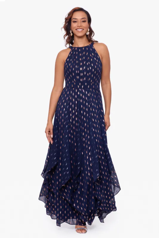 "Trinity" Long Halter Clip Dot with Flowy Skirt Dress made by Betsy & Adam