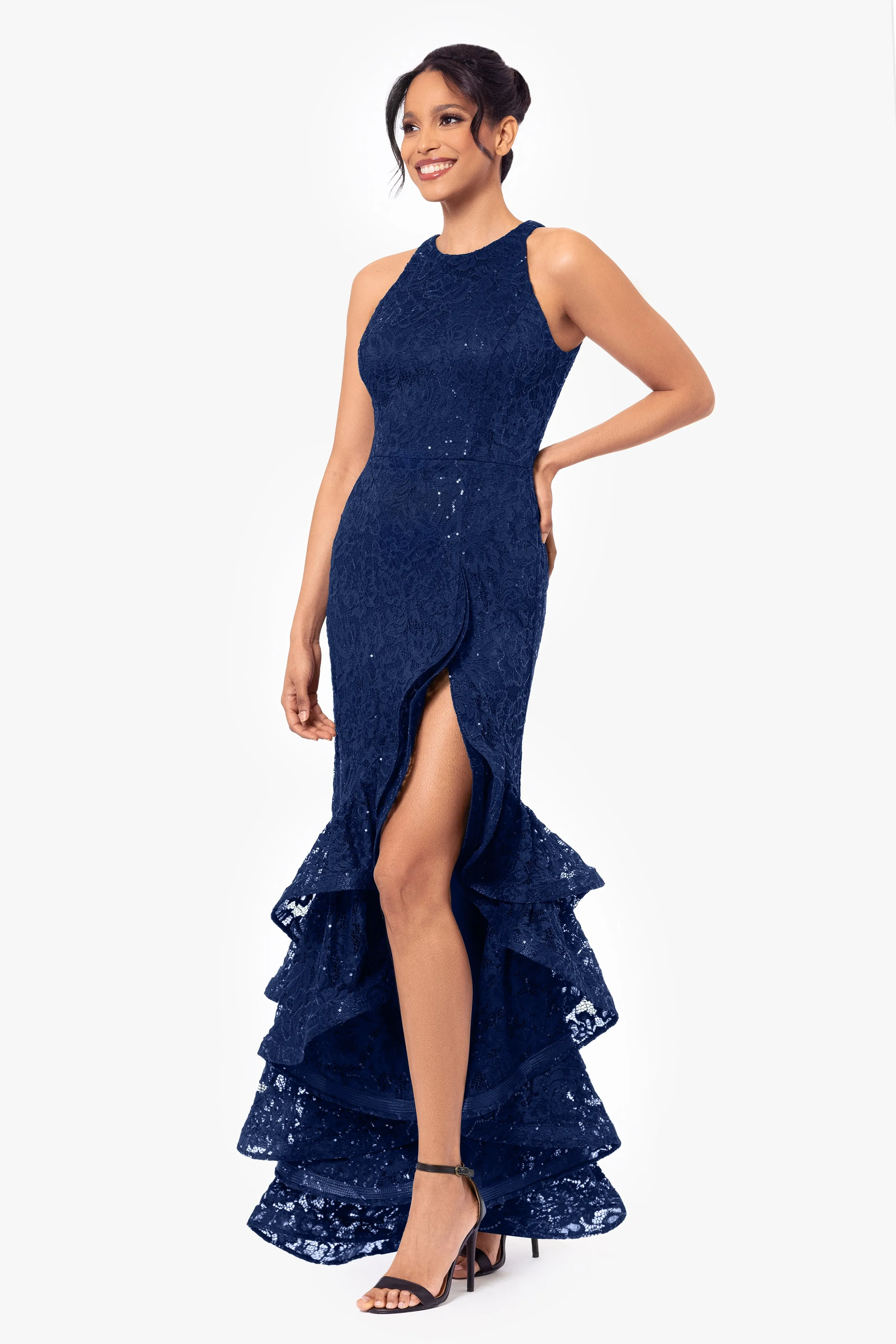"Laurel" Sequin Lace Ruffle Slit Gown sold by Betsy & Adam product image thumbnail 4