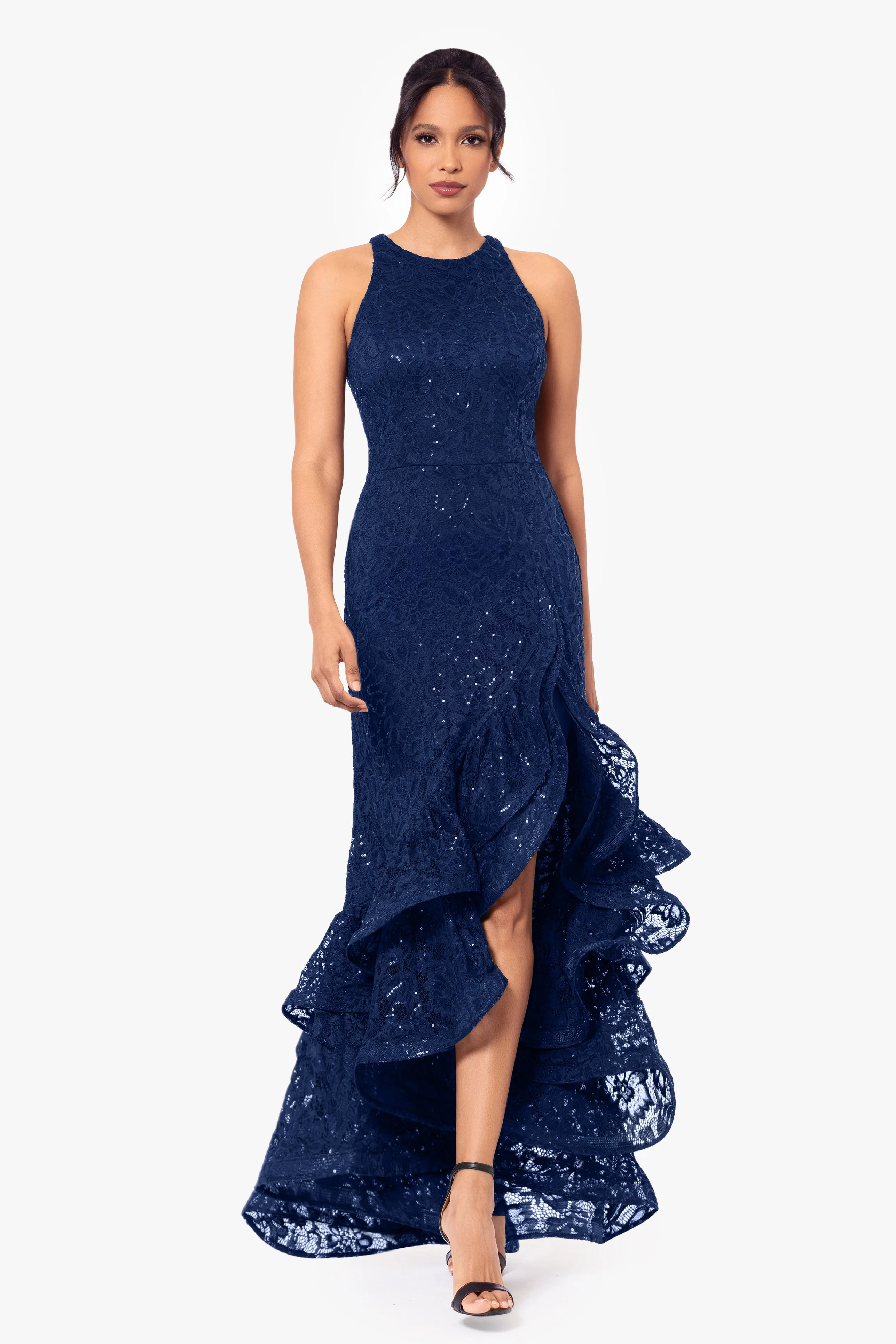"Laurel" Sequin Lace Ruffle Slit Gown sold by Betsy & Adam