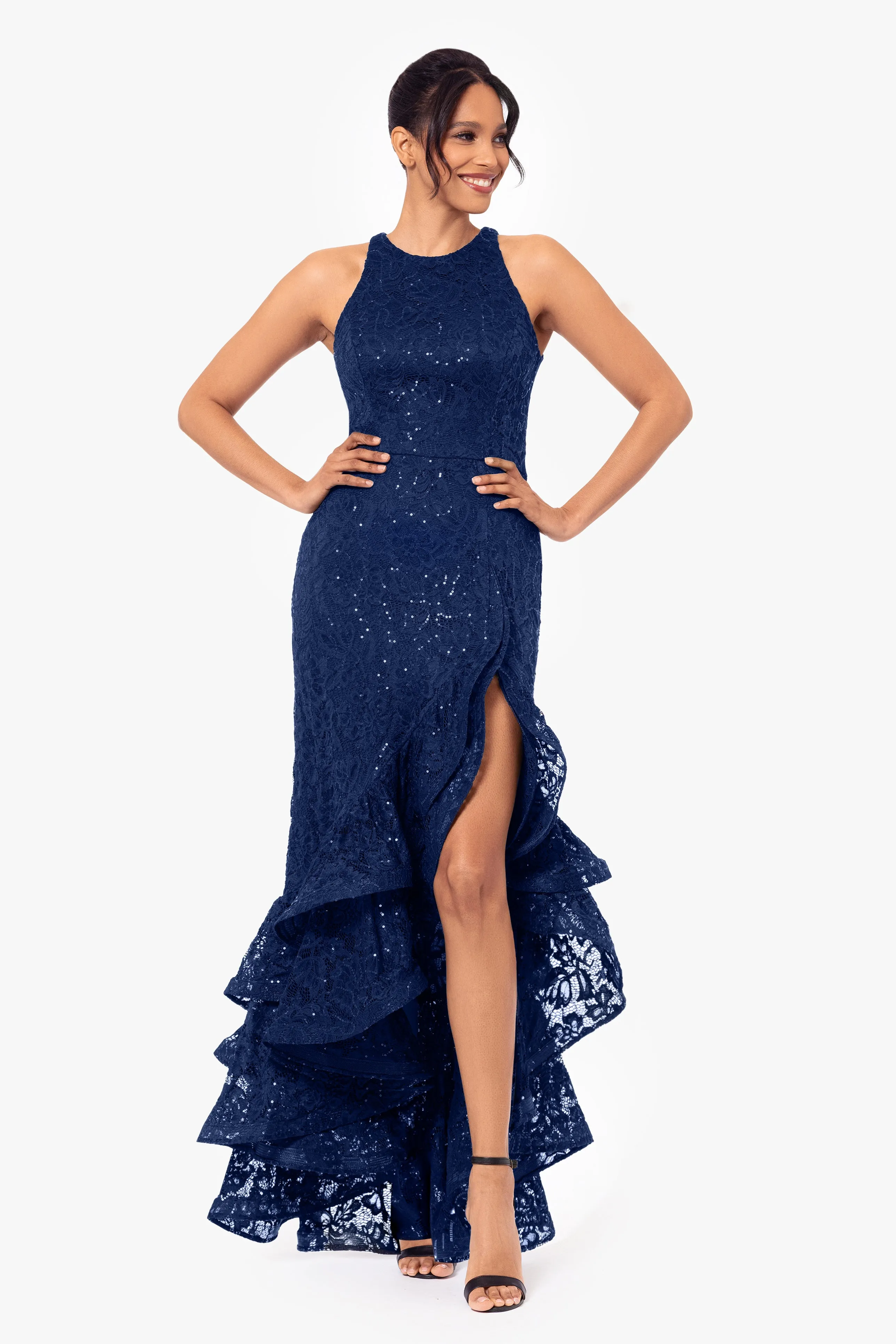 "Laurel" Sequin Lace Ruffle Slit Gown sold by Betsy & Adam product image thumbnail 3