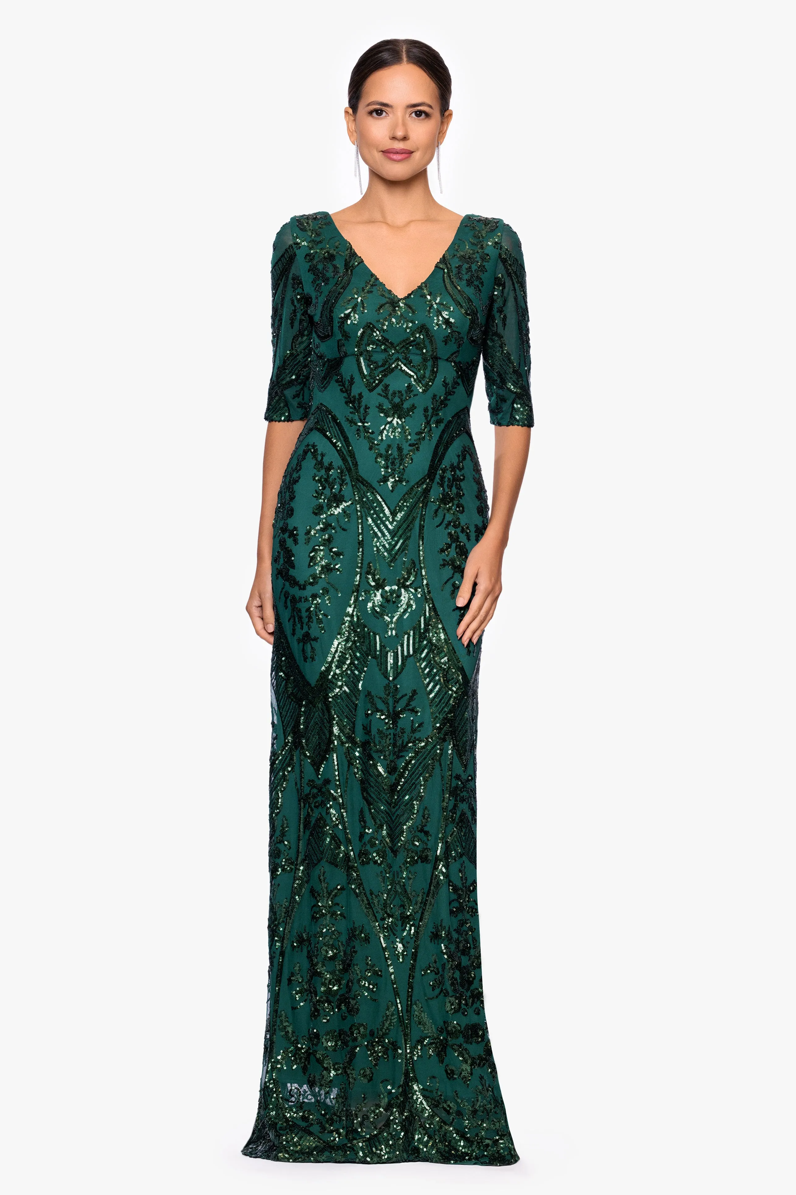 Petite "Samara" Sequin V-Neck Floor Length Dress sold by Betsy & Adam
