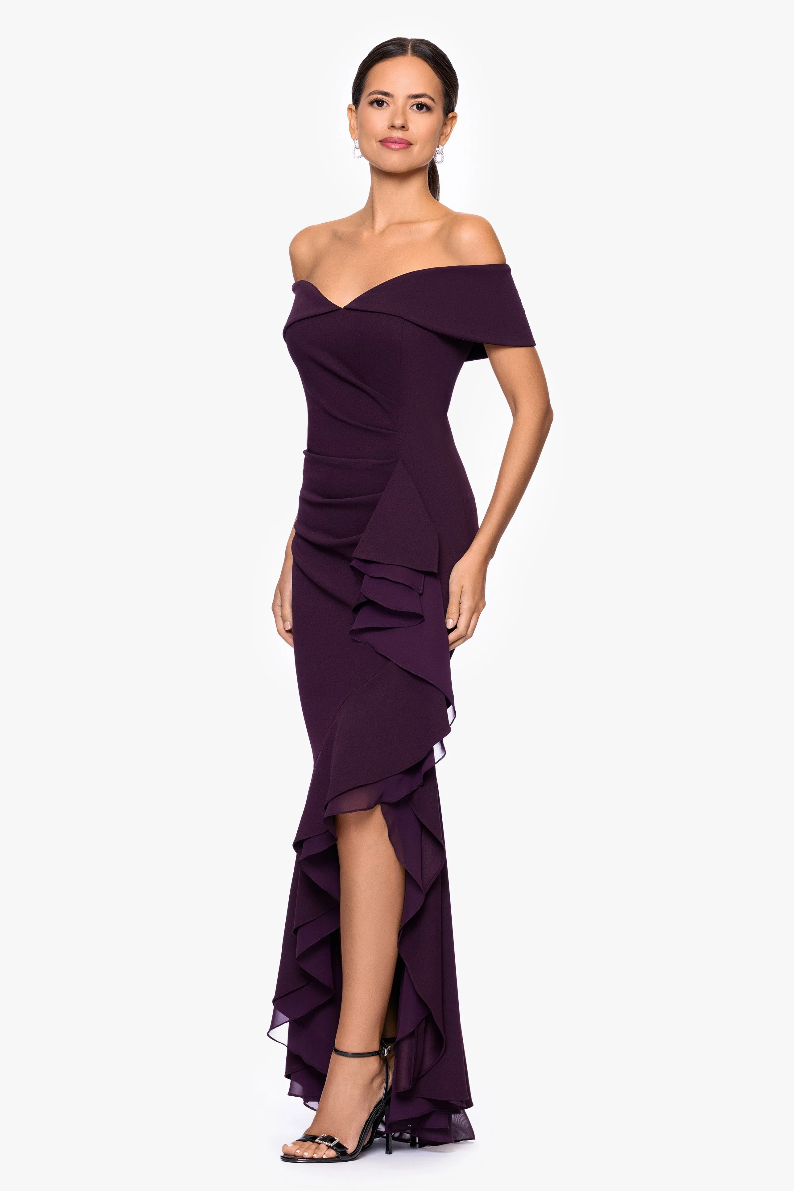 "Aspyn" Scuba Crepe Off the Shoulder Chiffon Ruffle Floor Length Dress sold by Betsy & Adam product image thumbnail 4