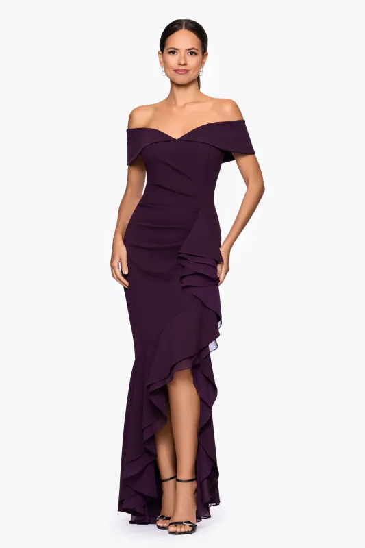 "Aspyn" Scuba Crepe Off the Shoulder Chiffon Ruffle Floor Length Dress sold by Betsy & Adam