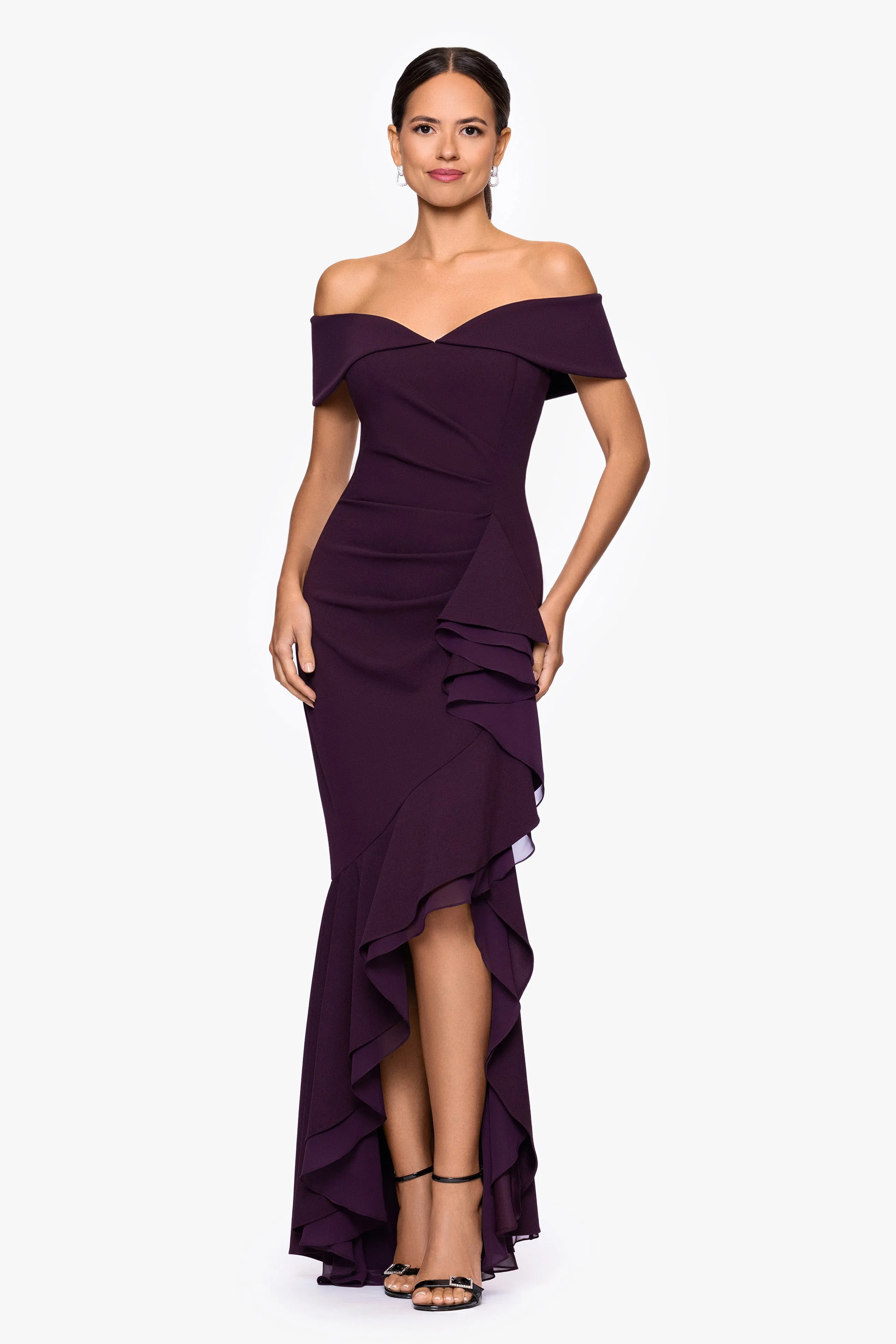 "Aspyn" Scuba Crepe Off the Shoulder Chiffon Ruffle Floor Length Dress sold by Betsy & Adam