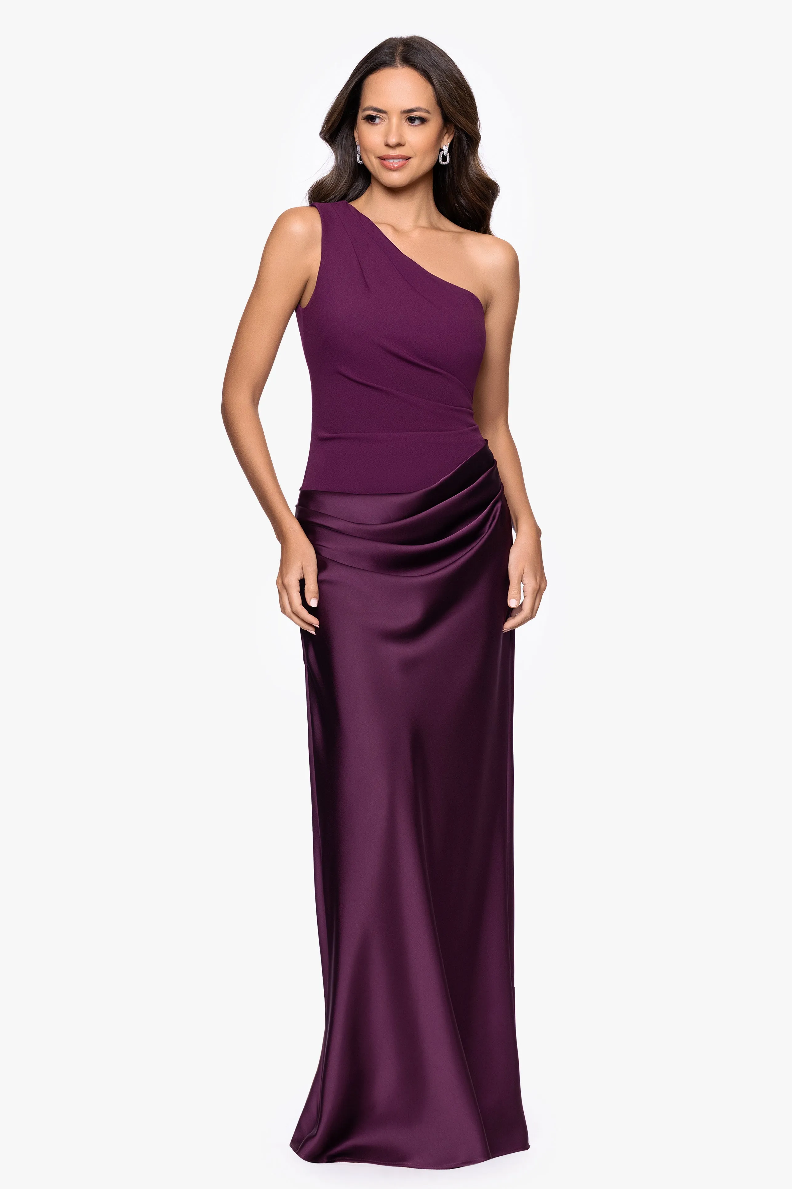 "Josie" Scuba Crepe and Satin One Shoulder Floor Length Dress sold by Betsy & Adam