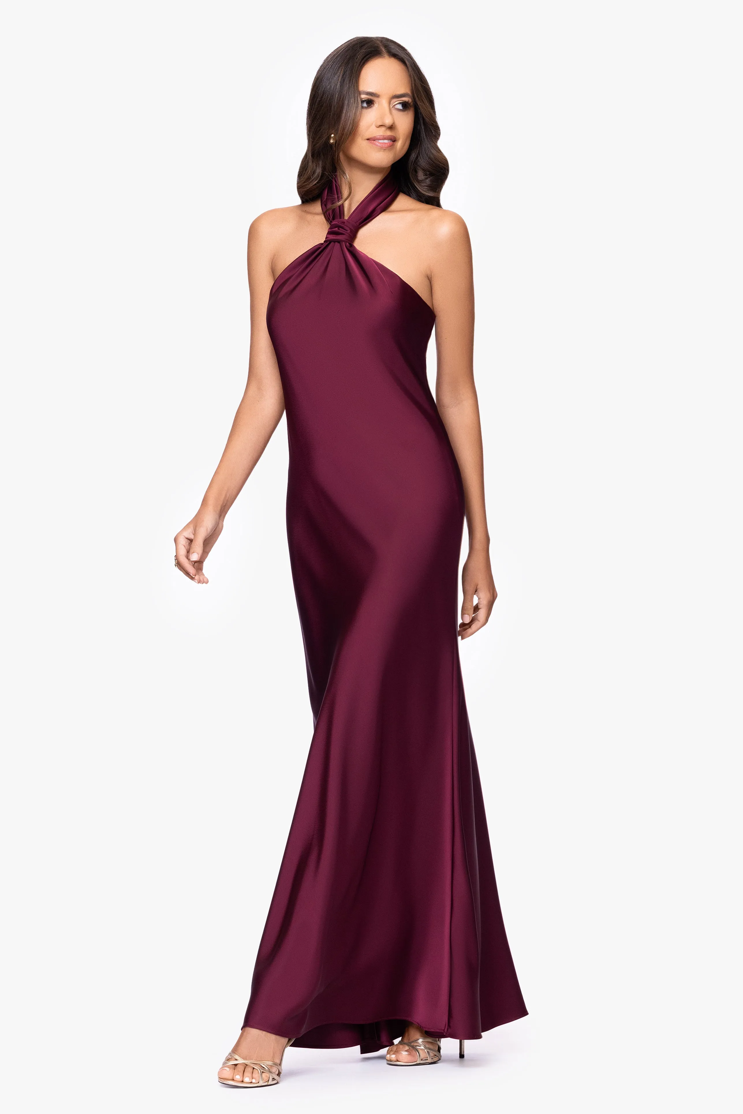Petite "Esmerelda" Satin Double Knotted Halter Neck Floor Length Dress sold by Betsy & Adam product image thumbnail 4