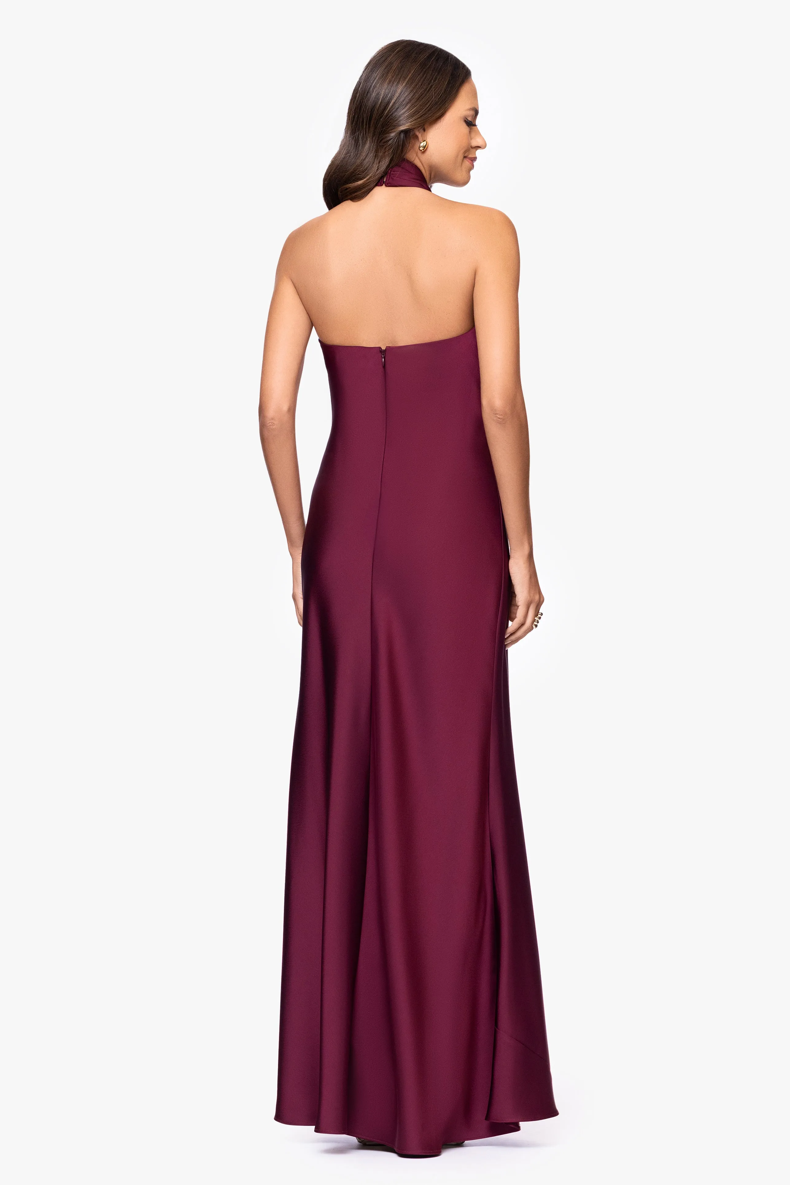 Petite "Esmerelda" Satin Double Knotted Halter Neck Floor Length Dress sold by Betsy & Adam product image thumbnail 3