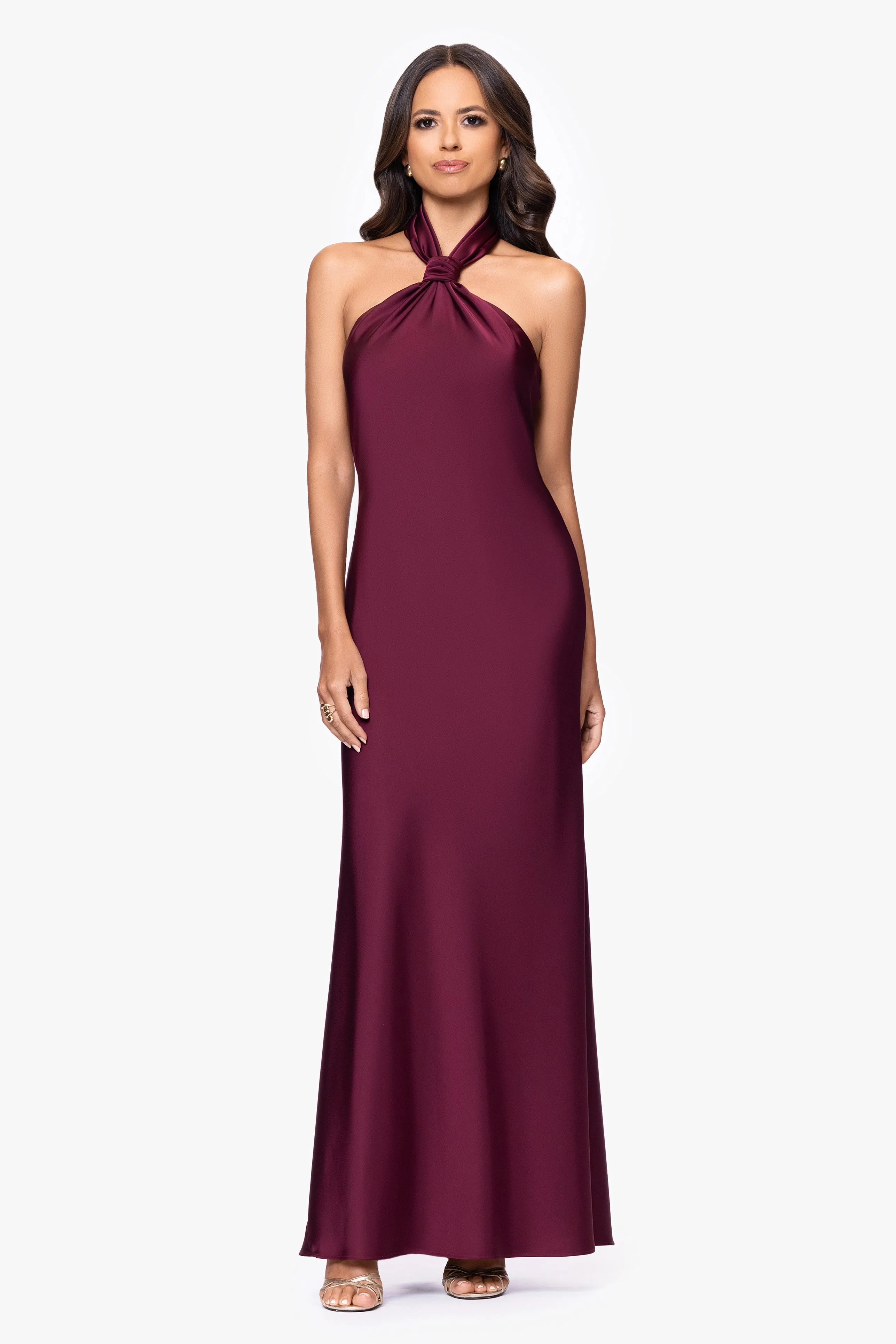 Petite "Esmerelda" Satin Double Knotted Halter Neck Floor Length Dress sold by Betsy & Adam
