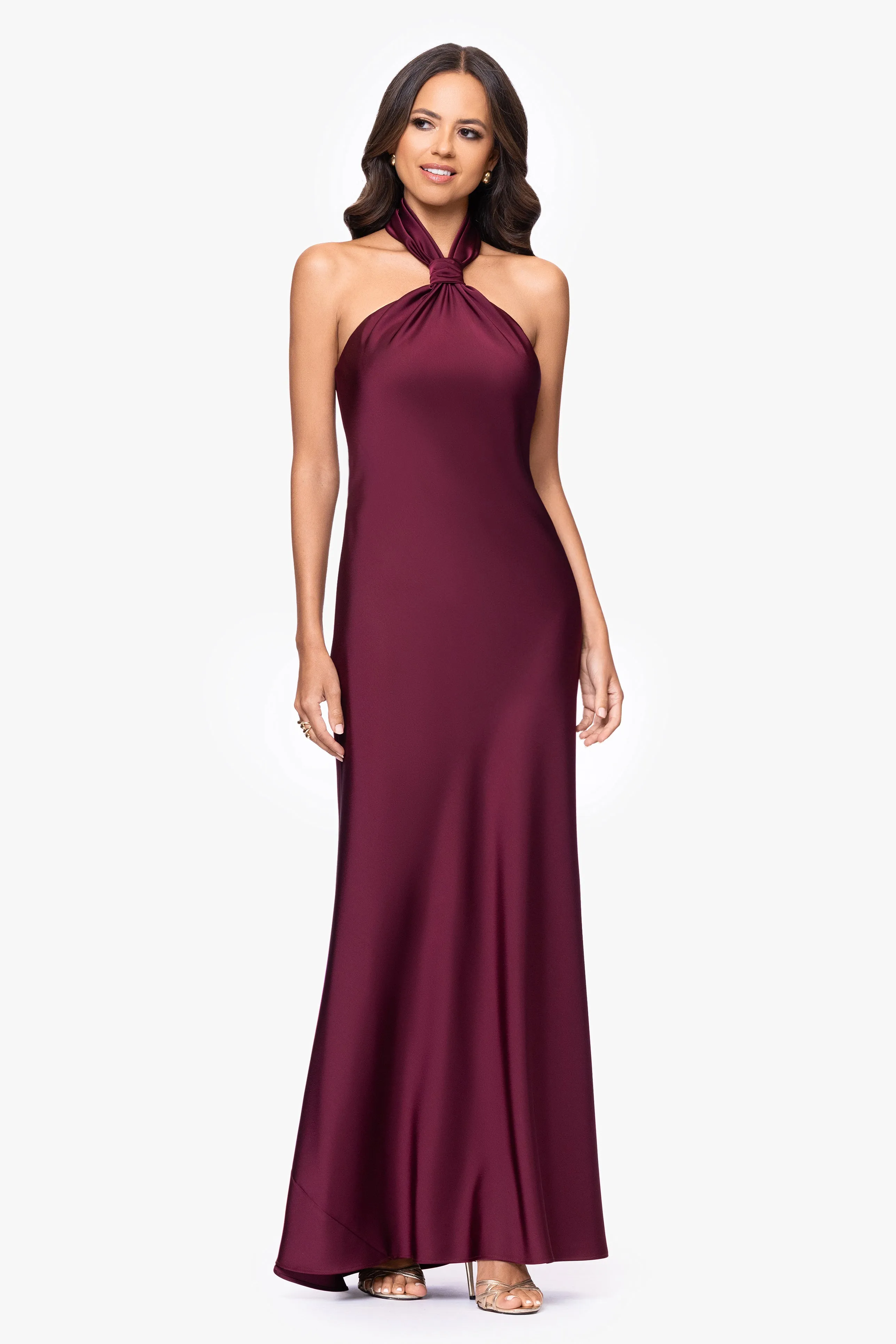 Petite "Esmerelda" Satin Double Knotted Halter Neck Floor Length Dress sold by Betsy & Adam product image thumbnail 5