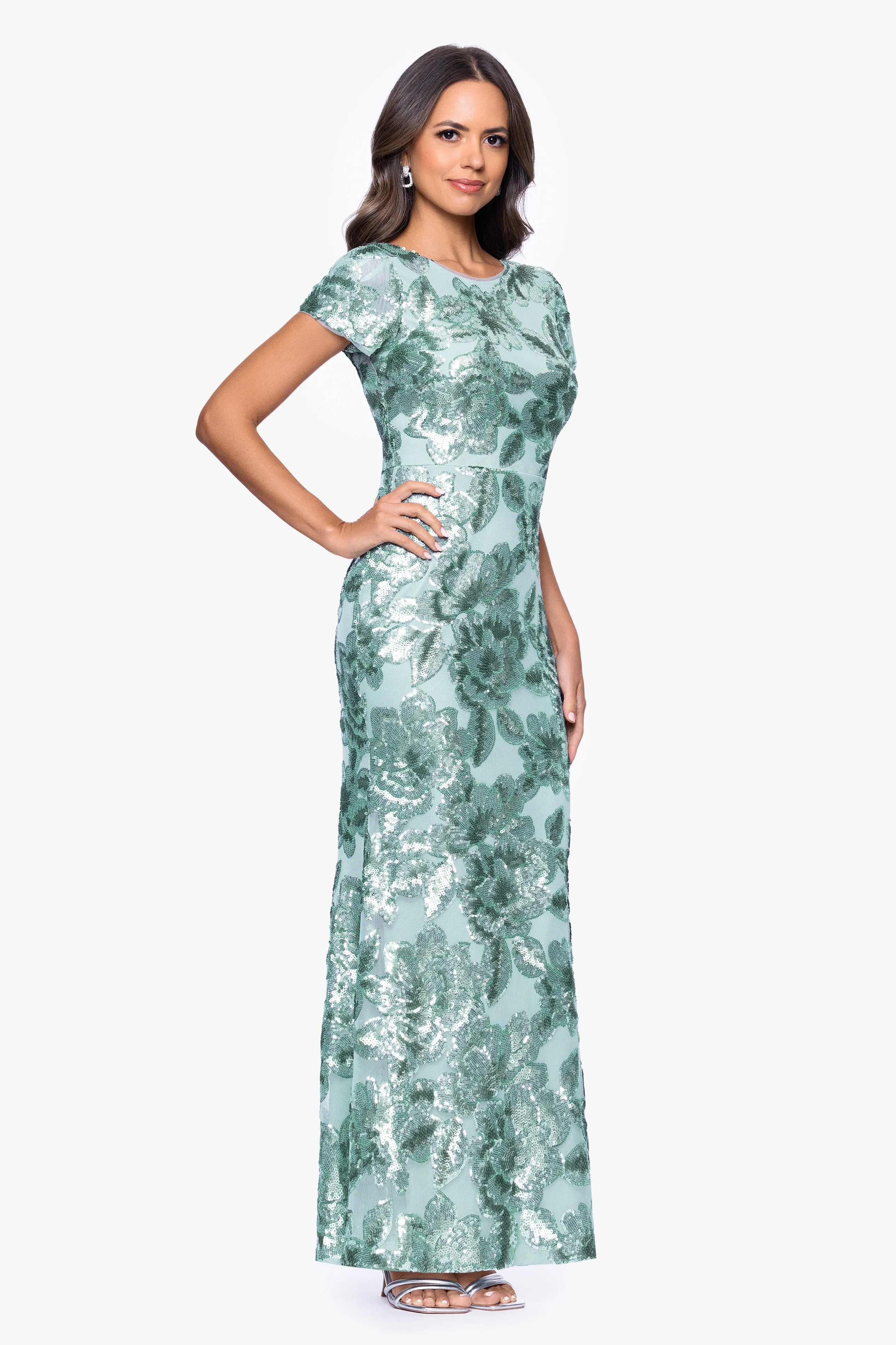 Petite "Lyanna" Sequin Mesh Cap Sleeve Floor Length Dress sold by Betsy & Adam product image thumbnail 4
