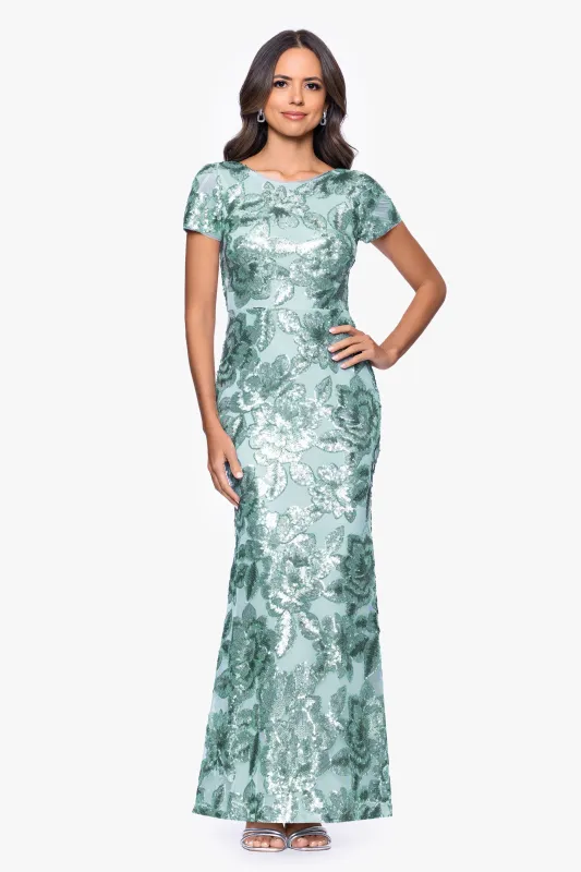 Petite "Lyanna" Sequin Mesh Cap Sleeve Floor Length Dress sold by Betsy & Adam