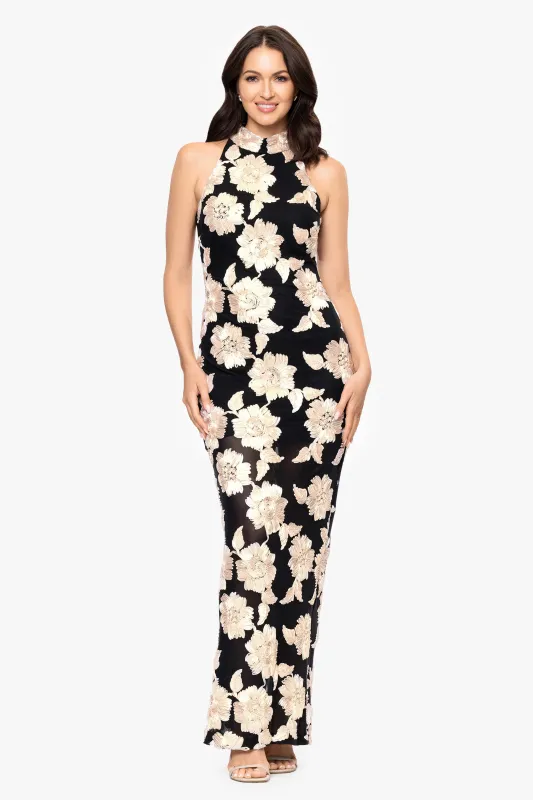 Petite "Camielle" 3D Flower Embellished Mock Neck Floor Length Dress sold by Betsy & Adam