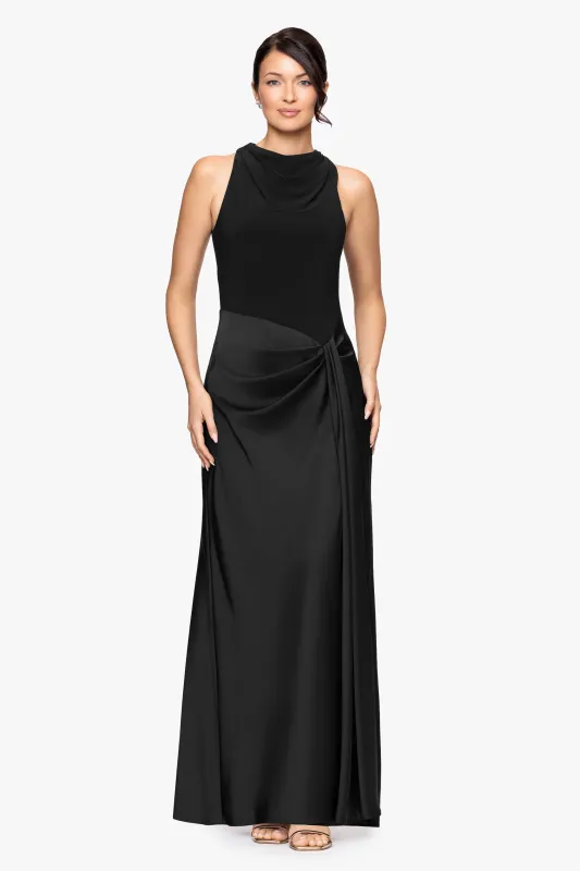 "Amberlynn" Jersey Knit and Satin Draped Floor Length Dress sold by Betsy & Adam