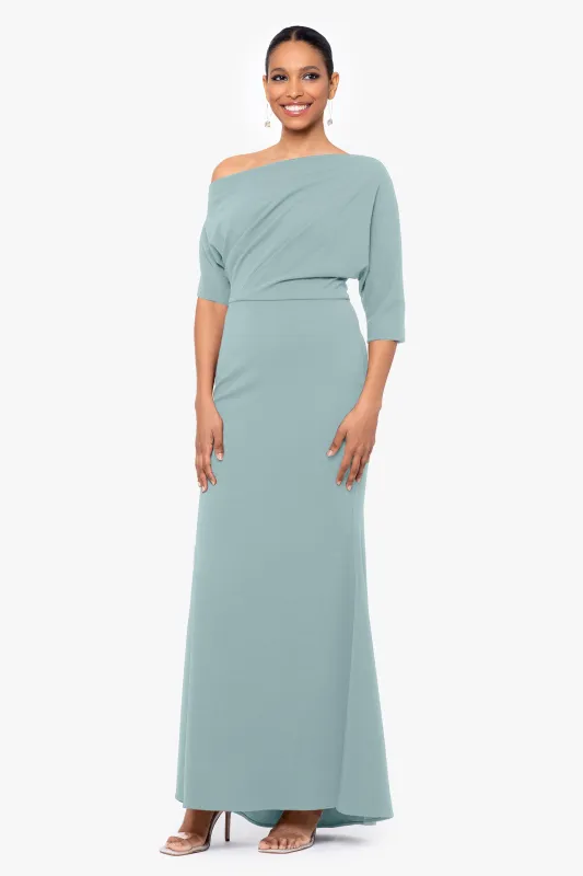 "Madeline" Long Scuba Crepe Off the Shoulder Drop Dress sold by Betsy & Adam