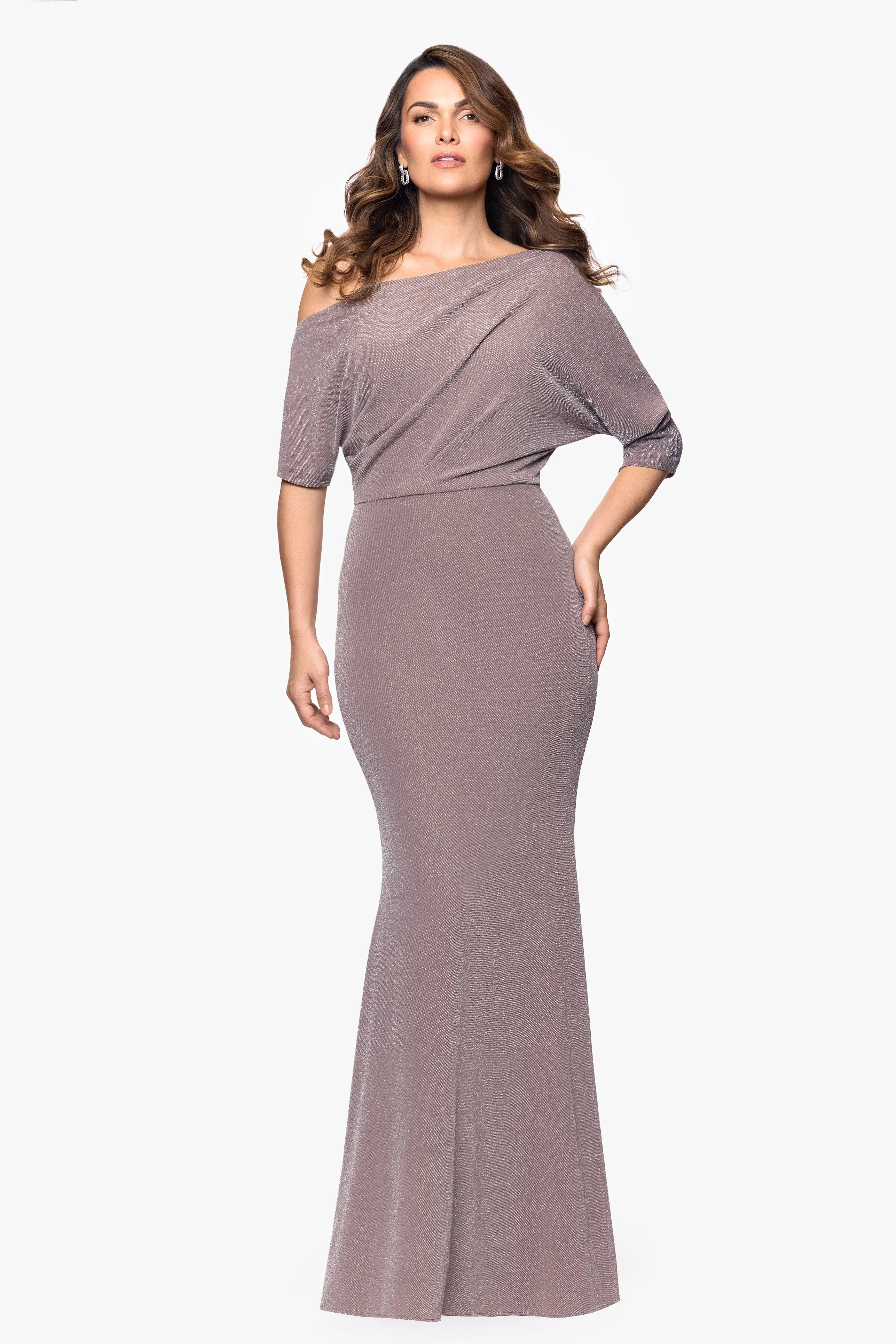 "Trina" Metallic Knit Drop Shoulder Floor Length Dress sold by Betsy & Adam