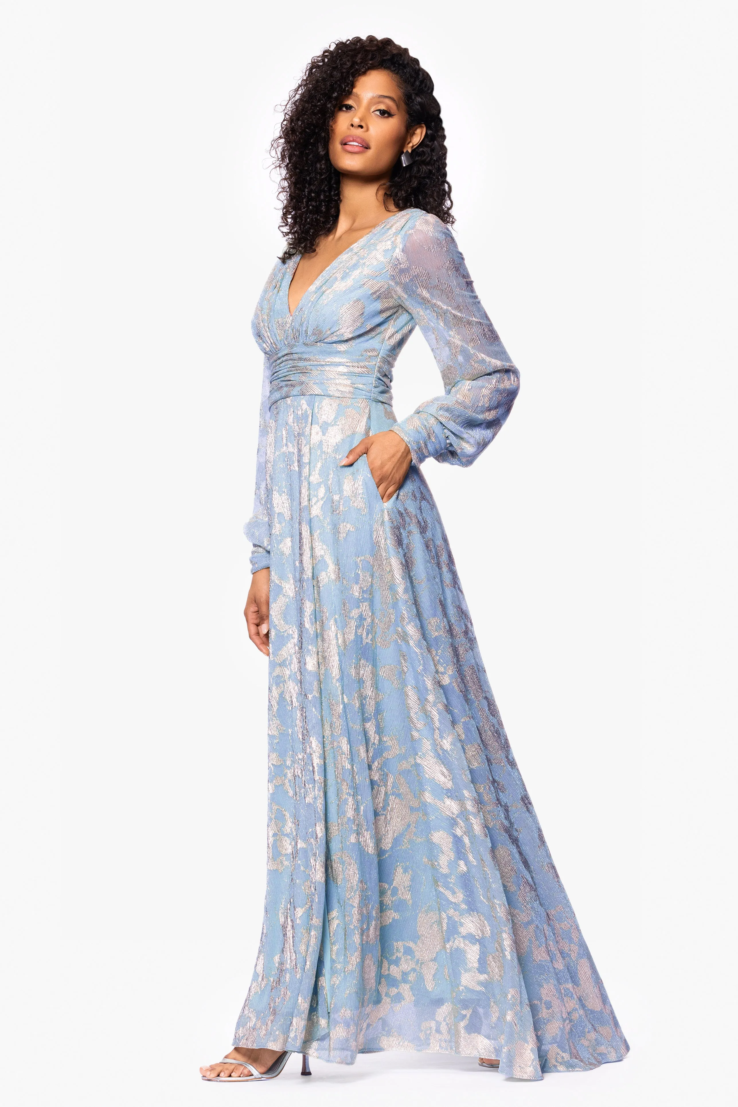 "Melanie" Foil Knit V-Neck Long Sleeve Floor Length Dress sold by Betsy & Adam product image thumbnail 4