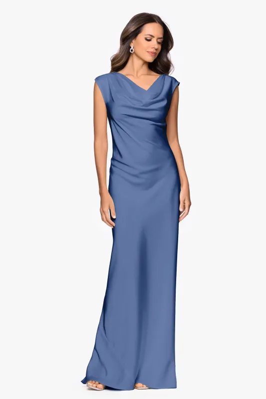 Petite "Amberly" Satin Drape Neck Floor Length Dress sold by Betsy & Adam