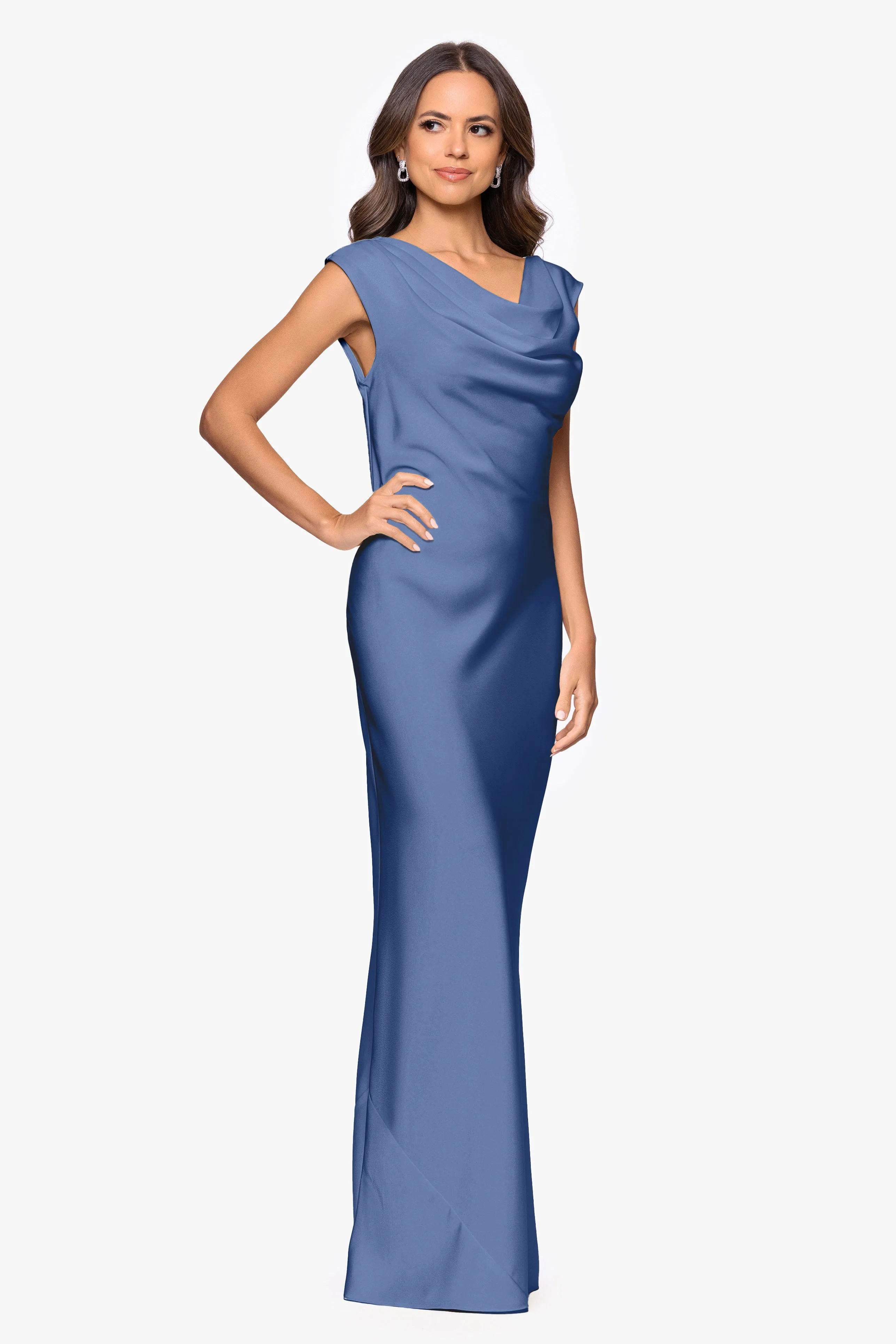 Petite "Amberly" Satin Drape Neck Floor Length Dress sold by Betsy & Adam product image thumbnail 4