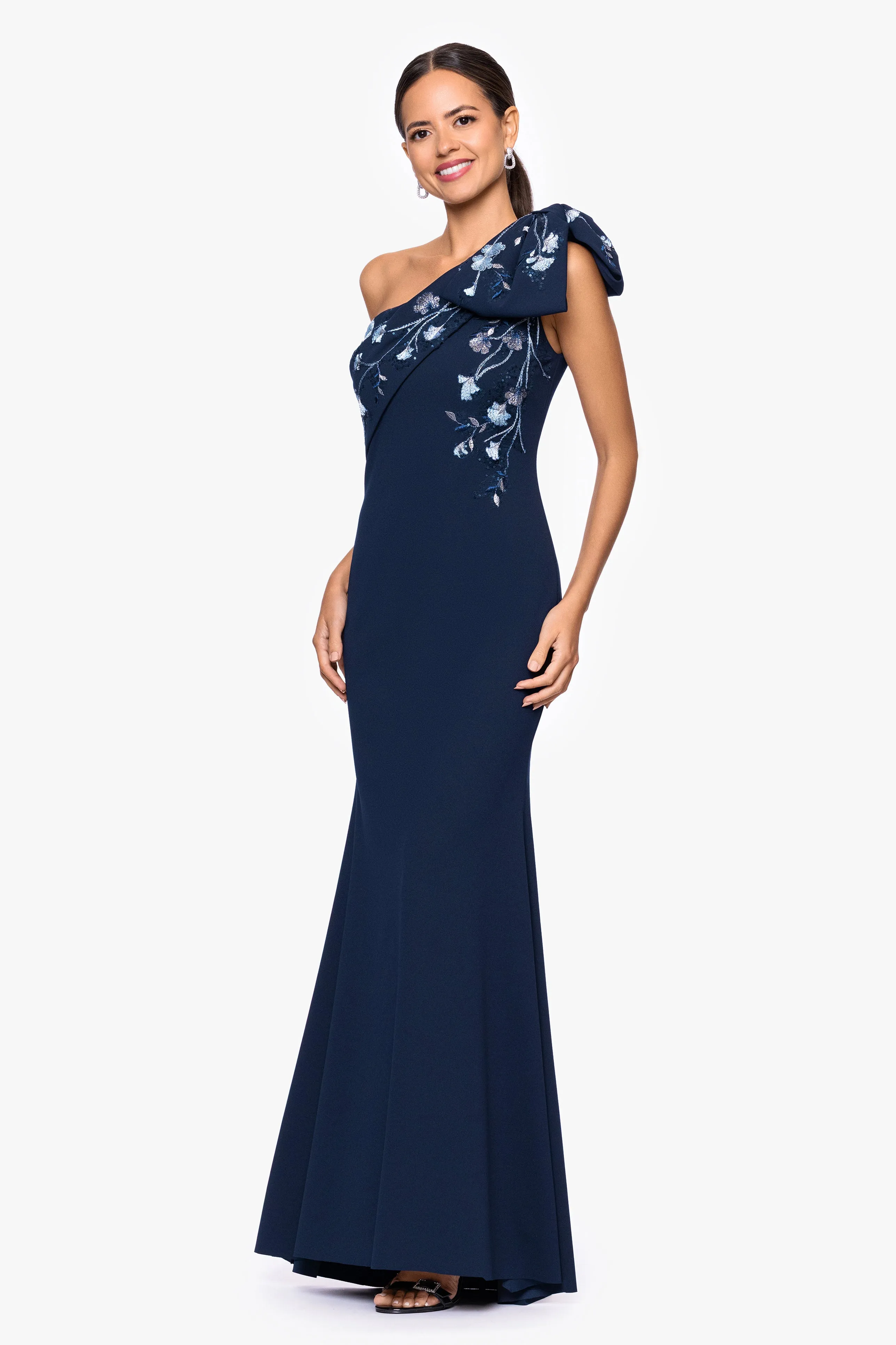 "Corinna" Scuba Crepe Embellished One Shoulder Floor Length Dress sold by Betsy & Adam product image thumbnail 4