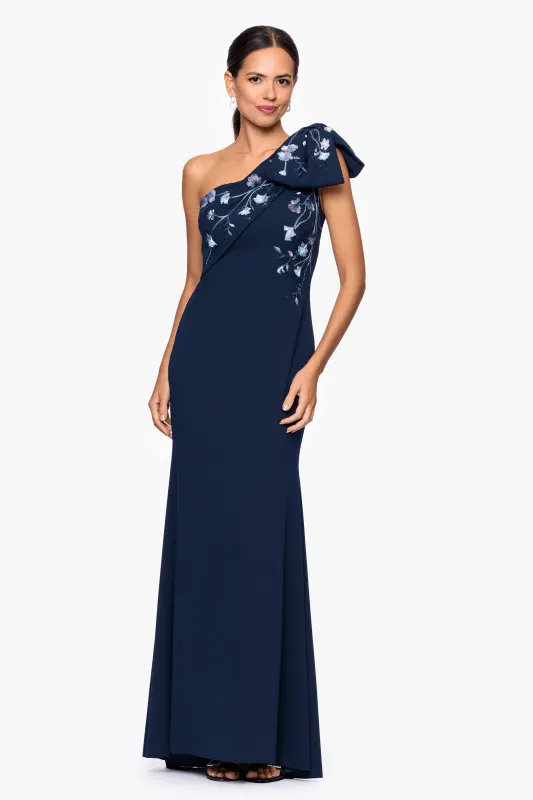 "Corinna" Scuba Crepe Embellished One Shoulder Floor Length Dress sold by Betsy & Adam