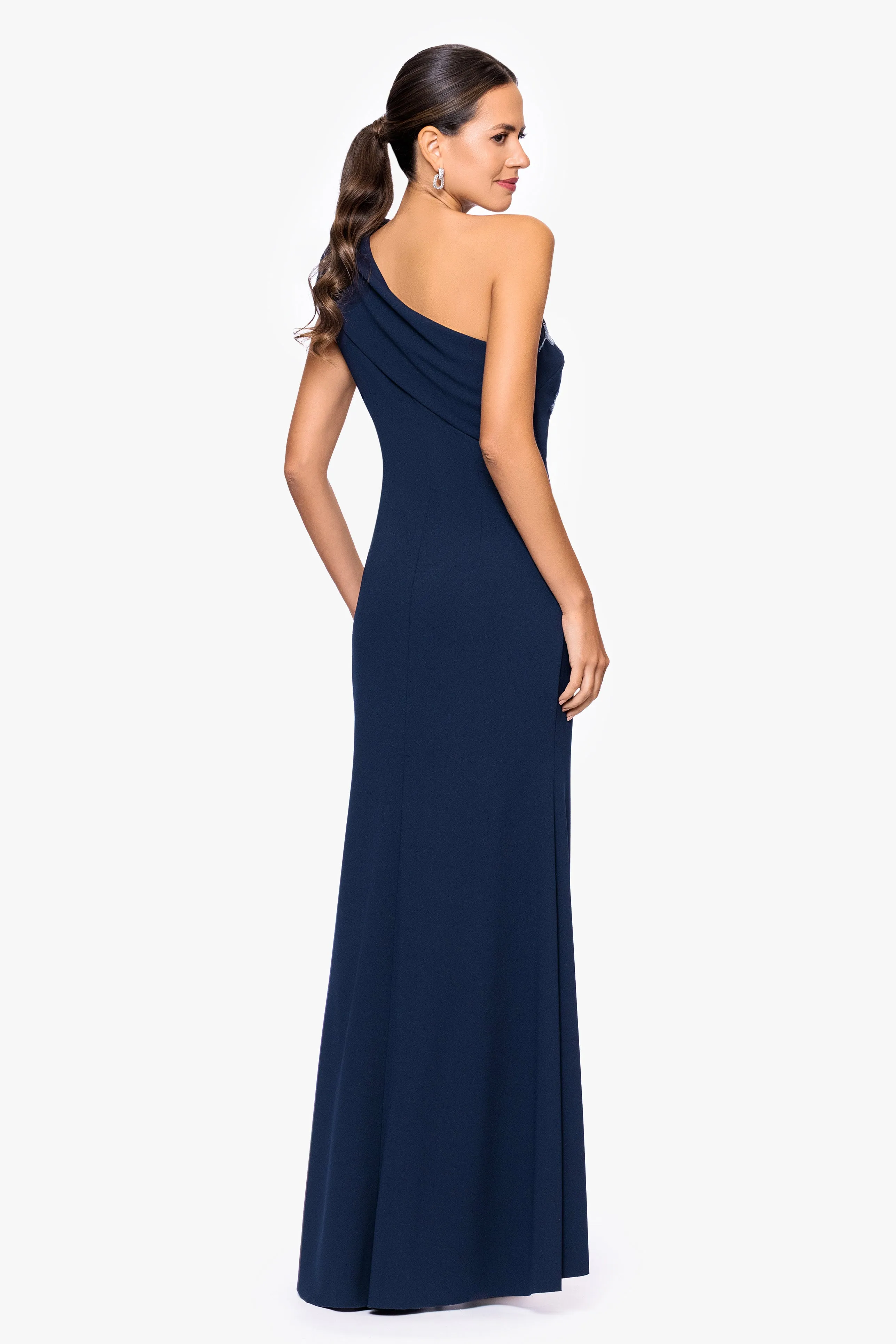 "Corinna" Scuba Crepe Embellished One Shoulder Floor Length Dress sold by Betsy & Adam product image thumbnail 3