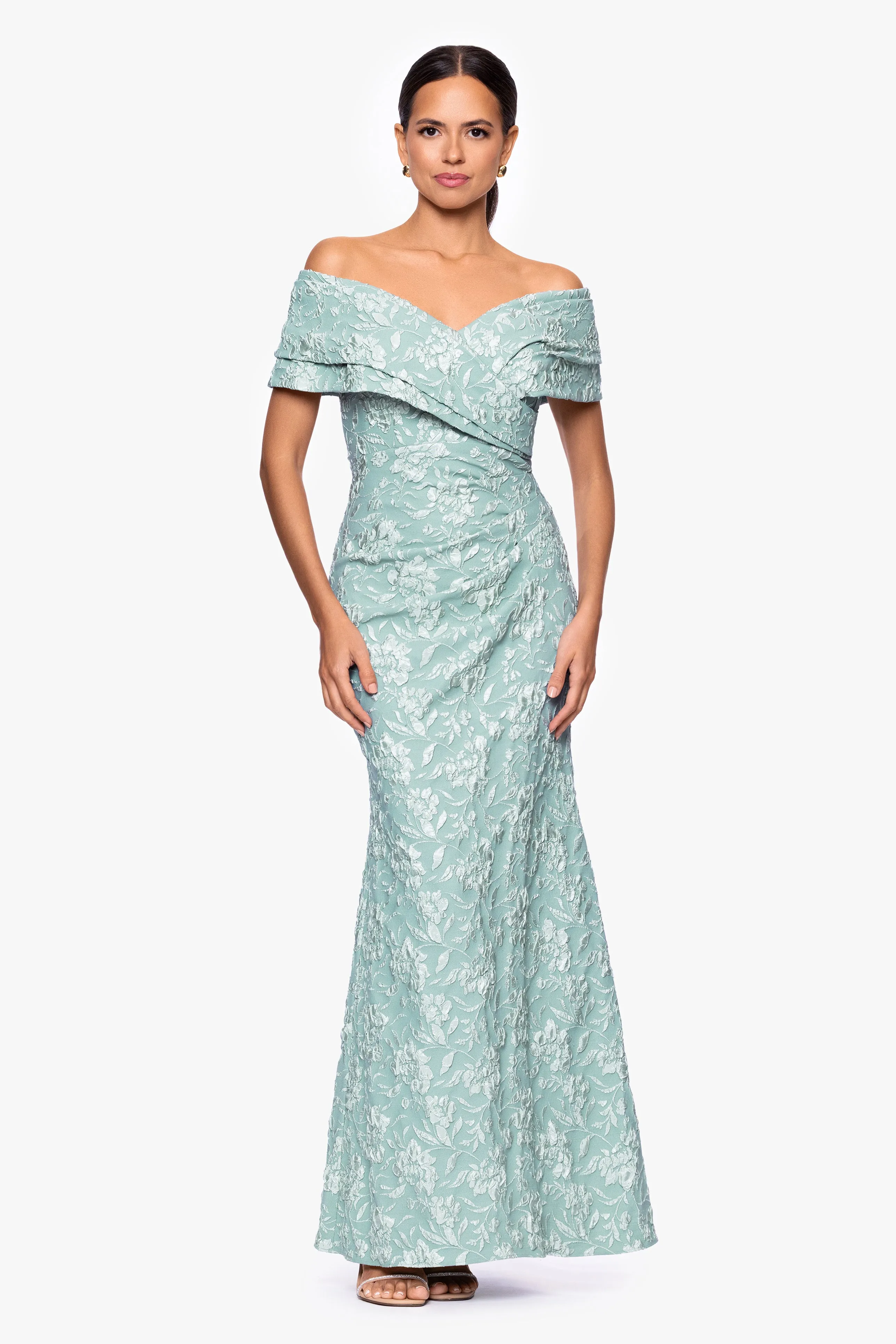 "April" Jacquard Off the Shoulder Floor Length Dress sold by Betsy & Adam