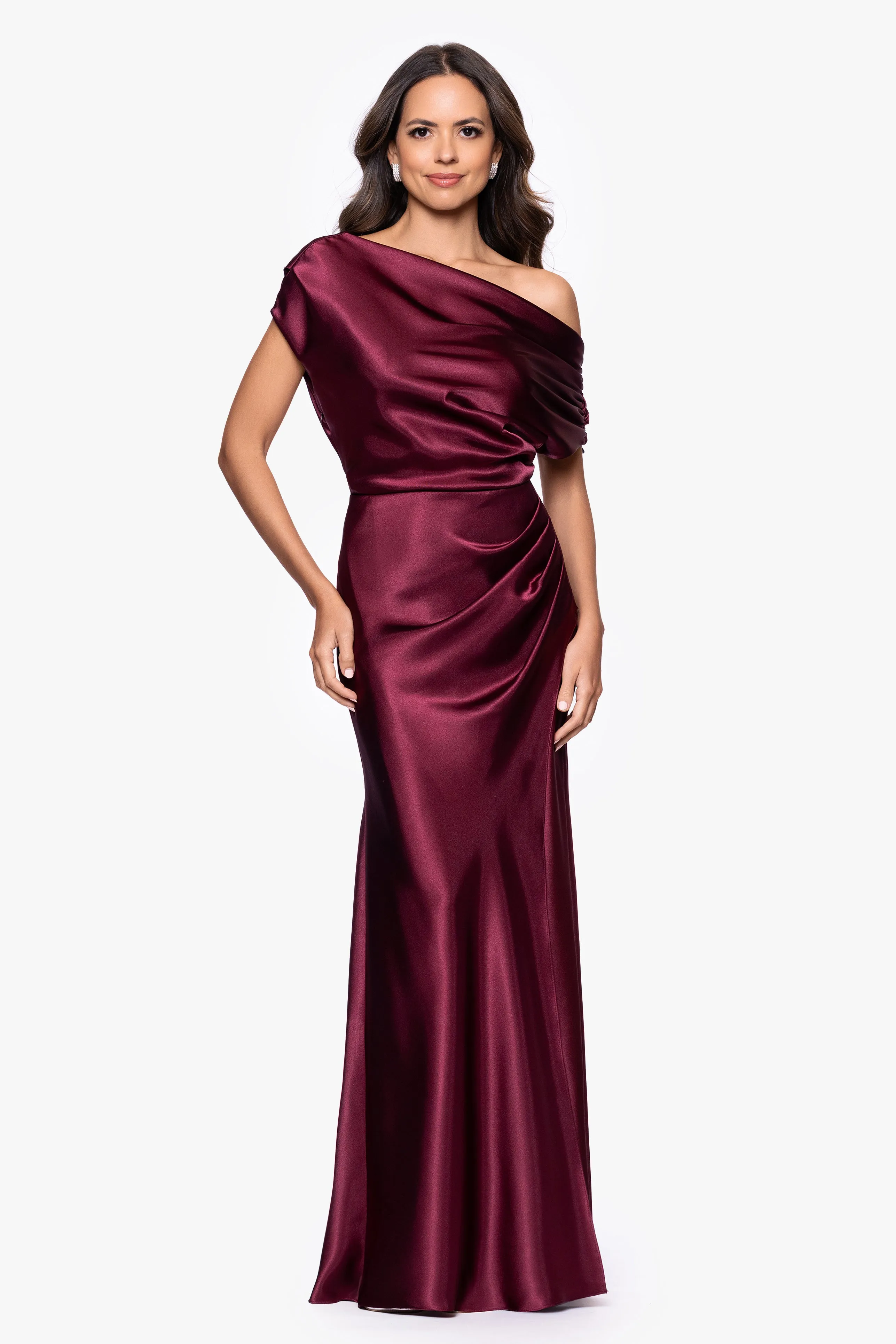 "Sofia" Satin Drop Shoulder Floor Length Dress sold by Betsy & Adam