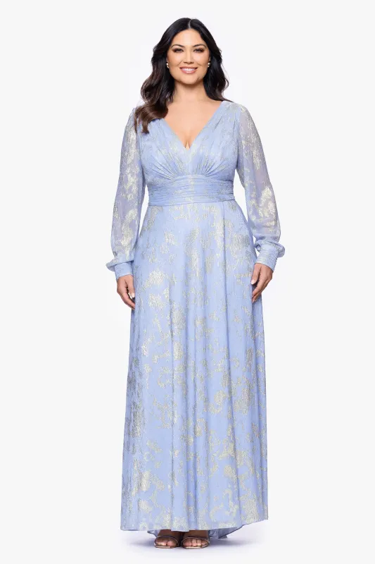 Plus "Melanie" Foil Knit V-Neck Long Sleeve Floor Length Dress sold by Betsy & Adam