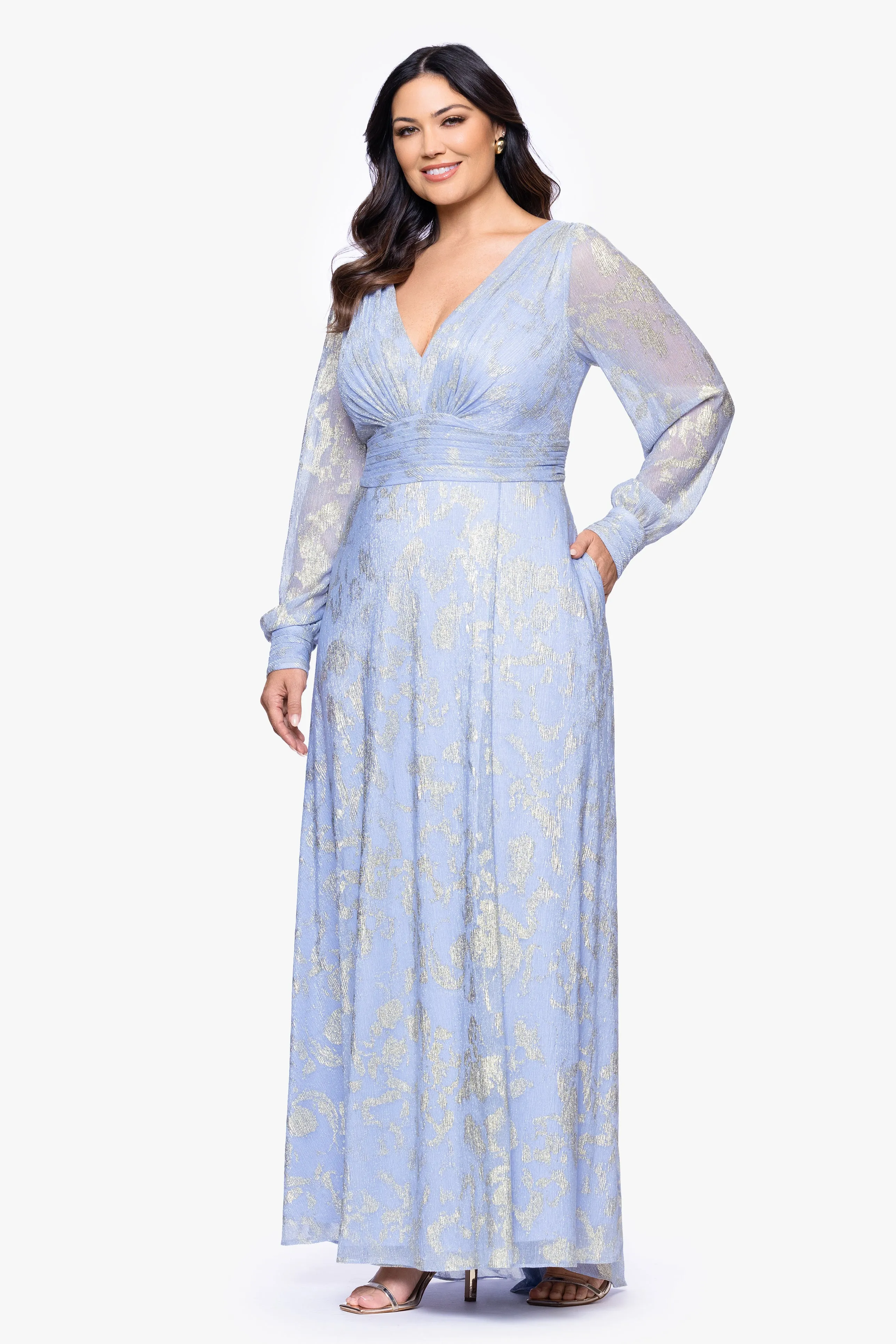 Plus "Melanie" Foil Knit V-Neck Long Sleeve Floor Length Dress sold by Betsy & Adam product image thumbnail 4