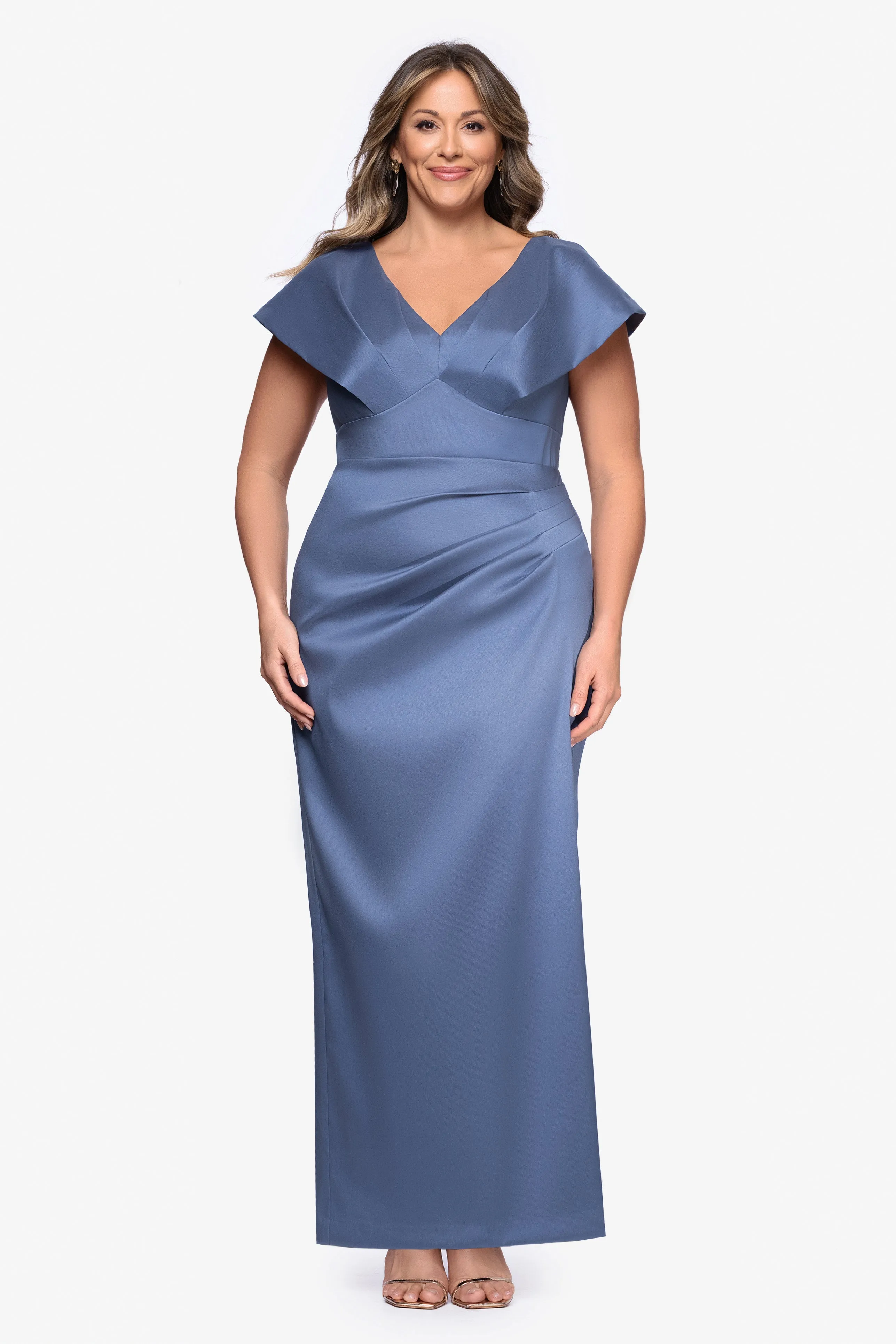 Plus "Rosa" Mikado V-Neck Floor Length Dress sold by Betsy & Adam