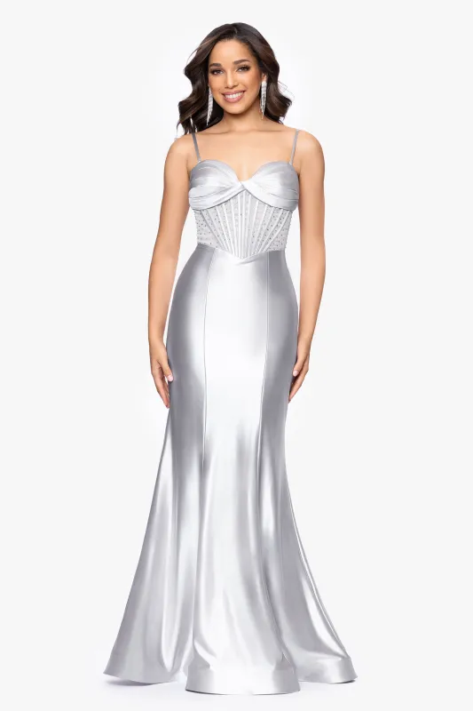 "Fleur" Satin Mermaid Corset Style Floor Length Dress sold by Betsy & Adam