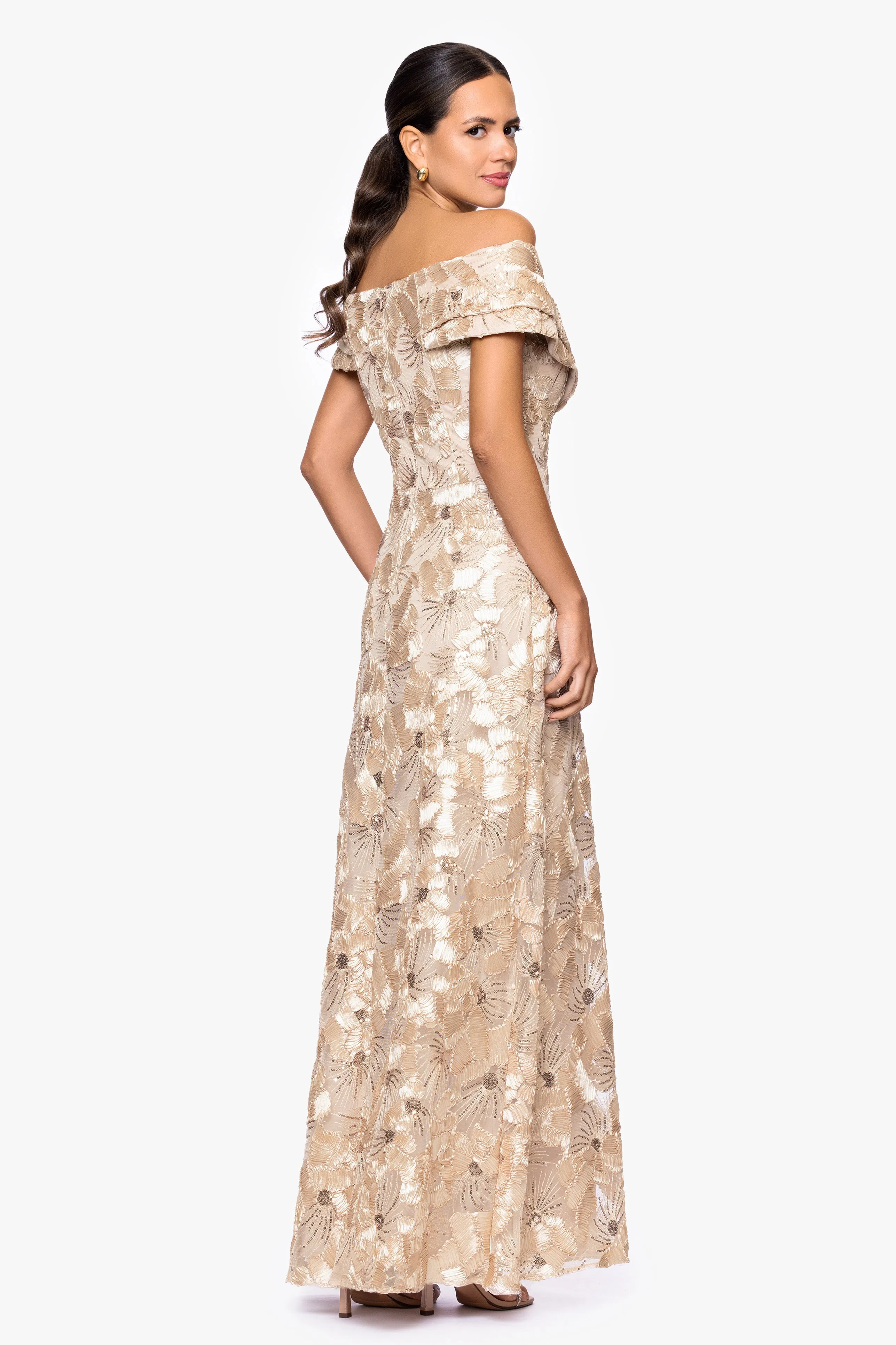 "Teyana" Soutache Sequin Off the Shoulder Floor Length Dress sold by Betsy & Adam product image thumbnail 3