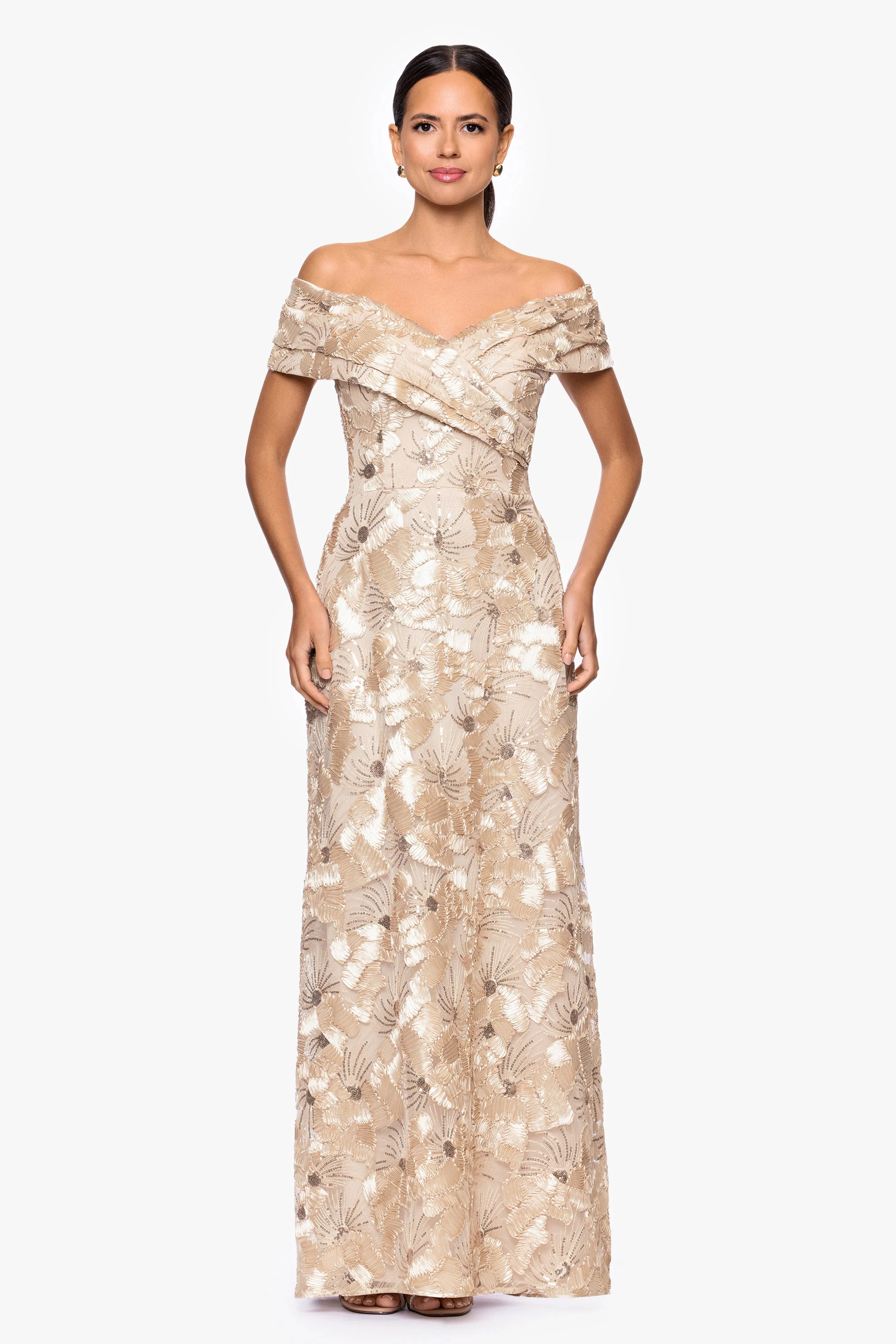 "Teyana" Soutache Sequin Off the Shoulder Floor Length Dress sold by Betsy & Adam