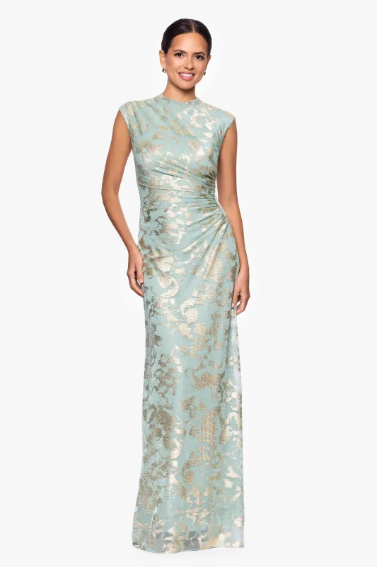 "Cory" Metallic Print Rouched Floor Length Dress sold by Betsy & Adam
