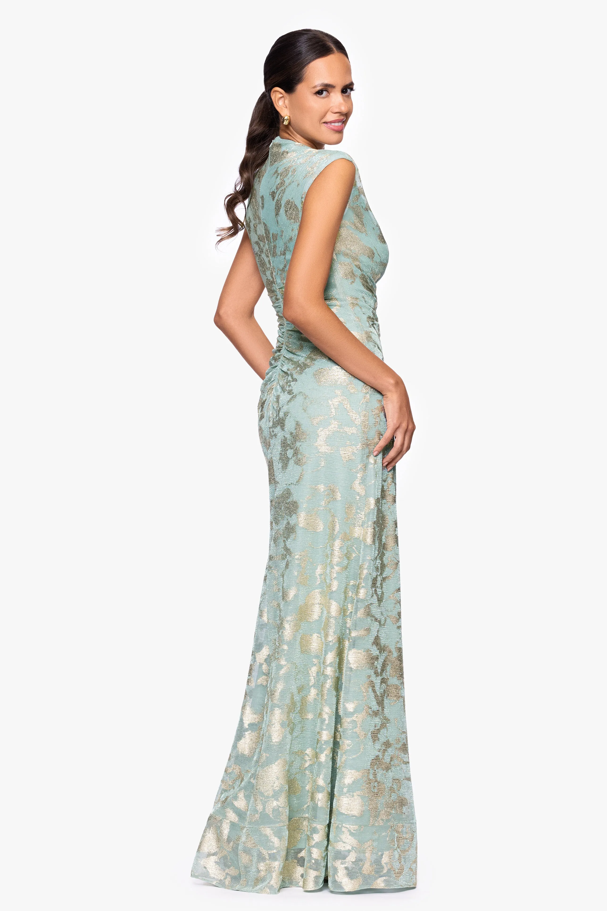 "Cory" Metallic Print Rouched Floor Length Dress sold by Betsy & Adam product image thumbnail 3