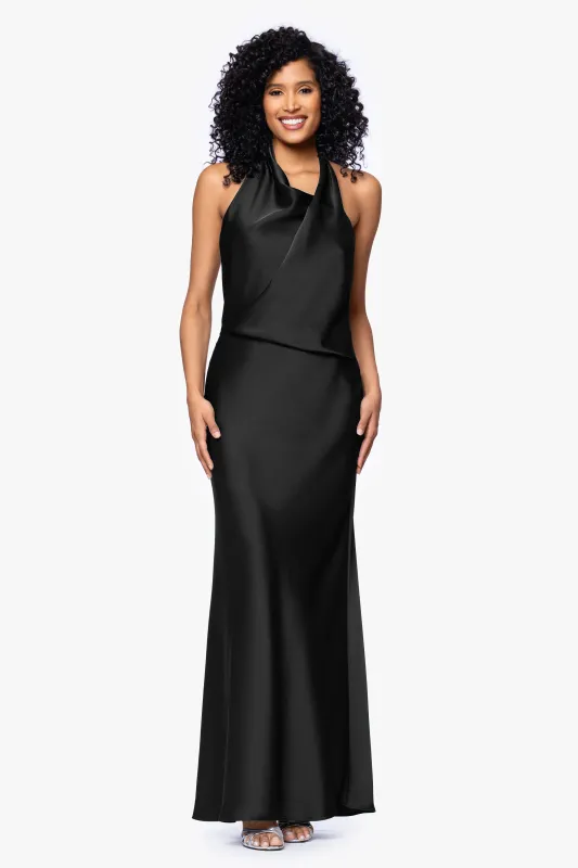 "Erica" Satin Halter Neck Floor Length Dress sold by Betsy & Adam