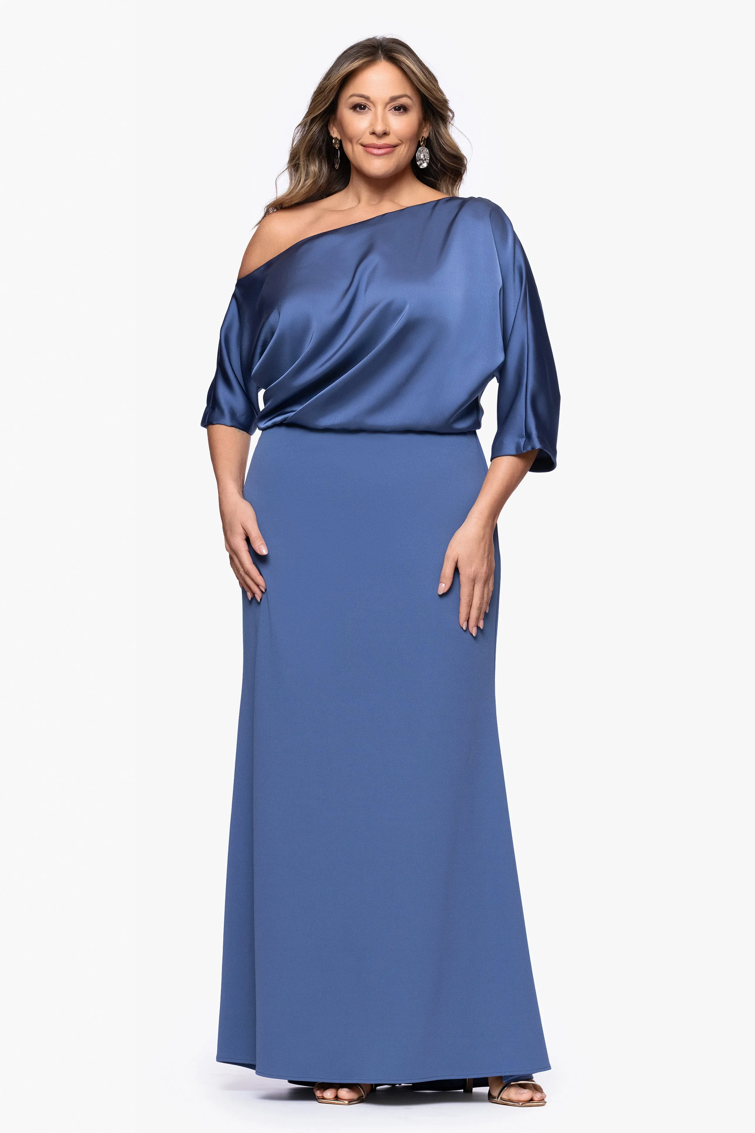 Plus "Ana" Scuba Crepe Satin Drop Shoulder Floor Length Dress sold by Betsy & Adam