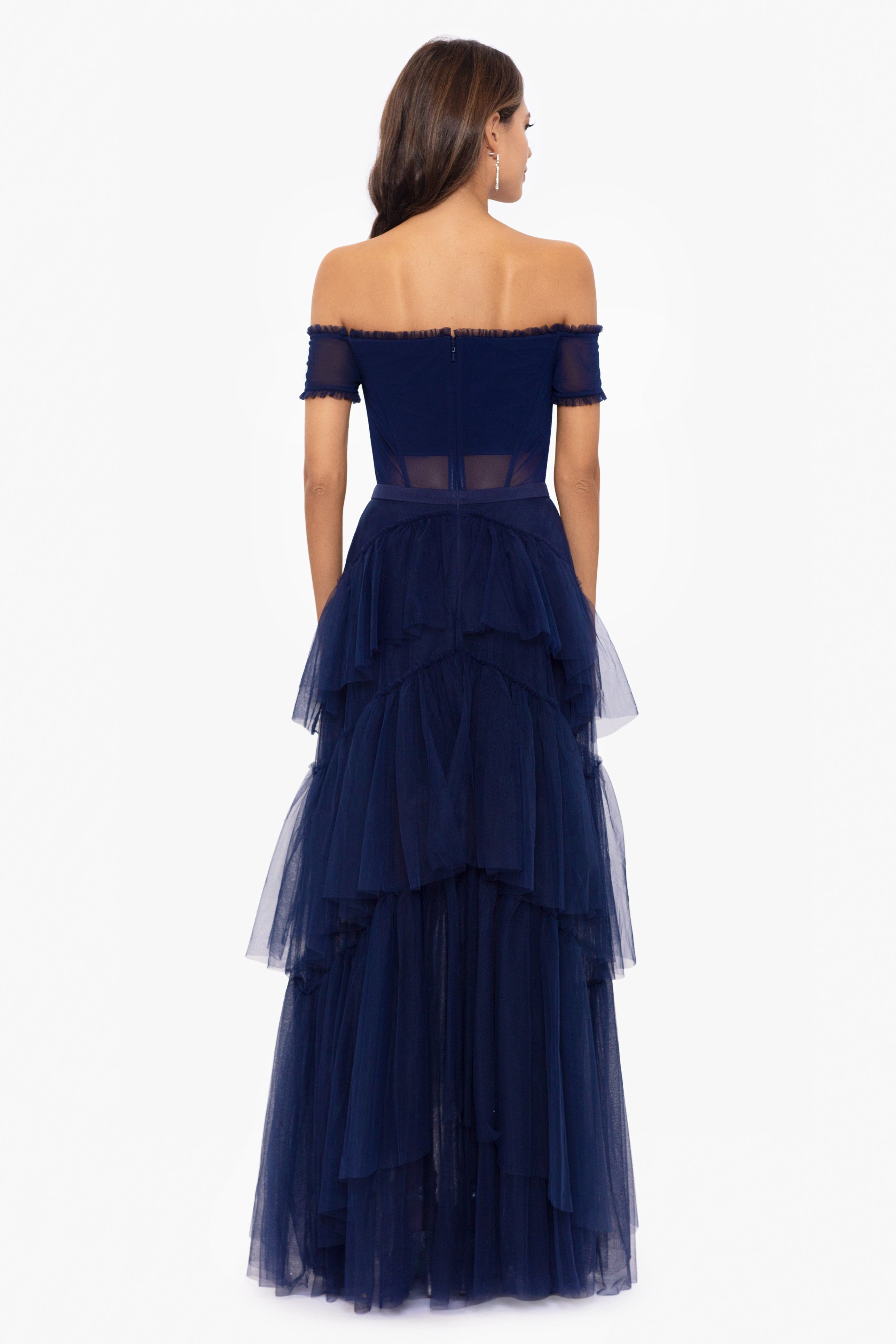 "Kai" Off the Shoulder Tiered Mesh Ball Gown sold by Betsy & Adam product image thumbnail 5