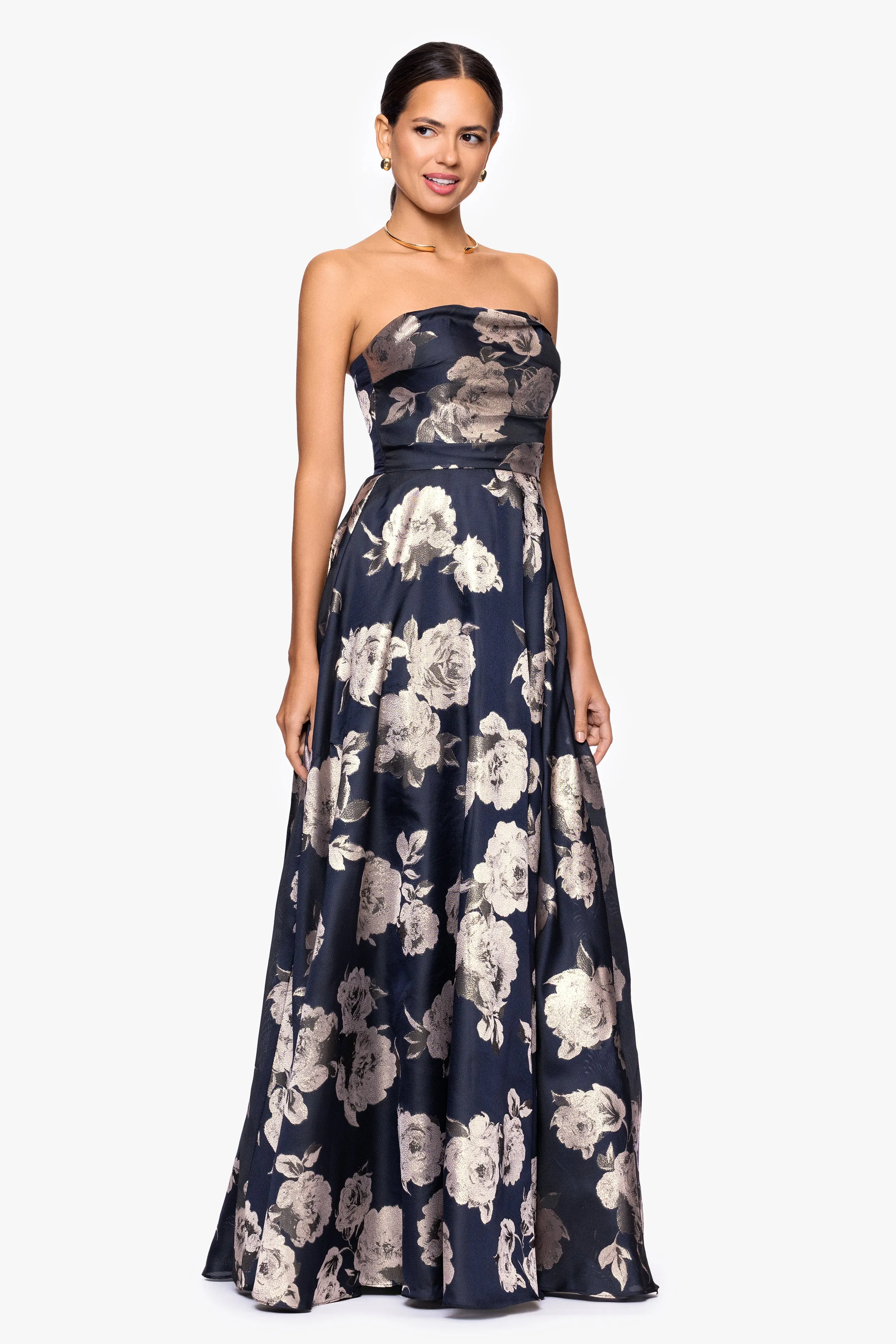 Petite "Lottie" Metallic Jacquard Strapless Floor Length Dress sold by Betsy & Adam product image thumbnail 5