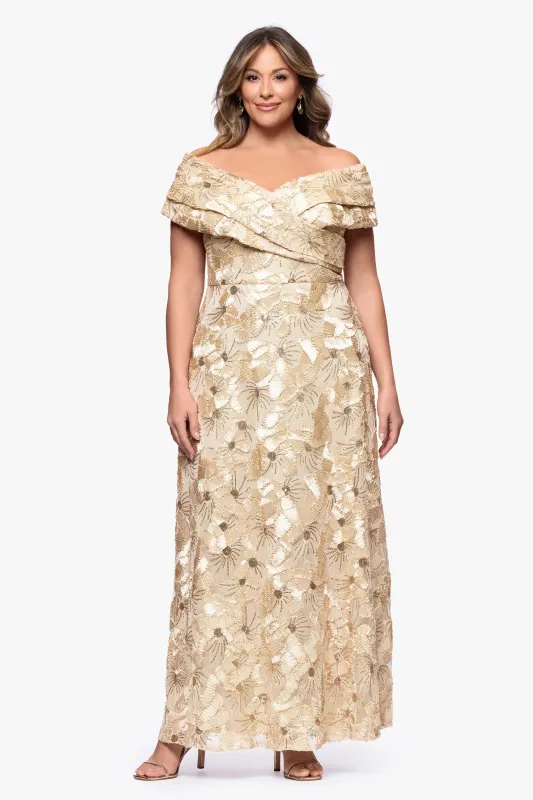 Plus "Teyana" Soutache Sequin Off the Shoulder Floor Length Dress sold by Betsy & Adam