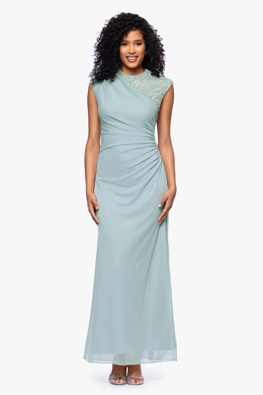 "Dayna" Floor Length Sleeveless Sheer Matte Jersey Lack Neck Rouched Side Dress sold by Betsy & Adam