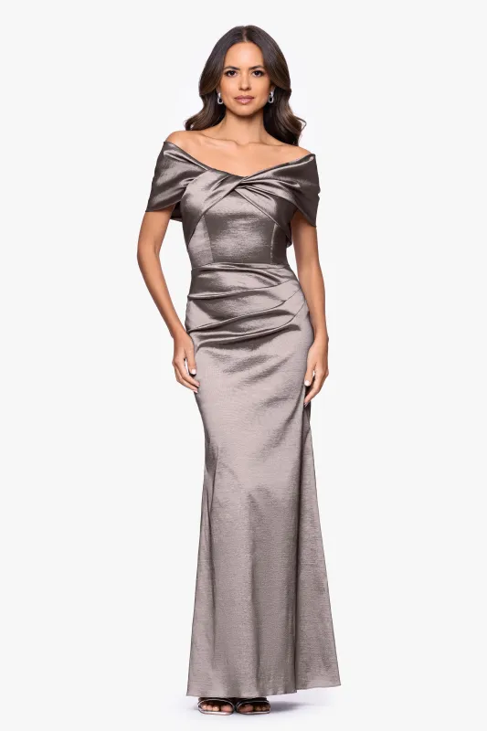 "Gia" Taffeta Twist Off the Shoulder Floor Length Dress sold by Betsy & Adam