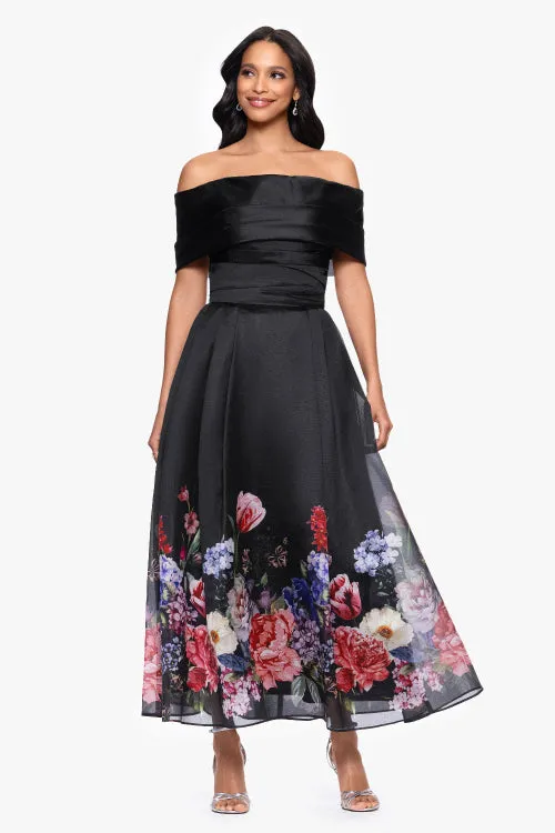 Petite "Tabitha" Organza Print Off the Shoulder Midi Dress sold by Betsy & Adam