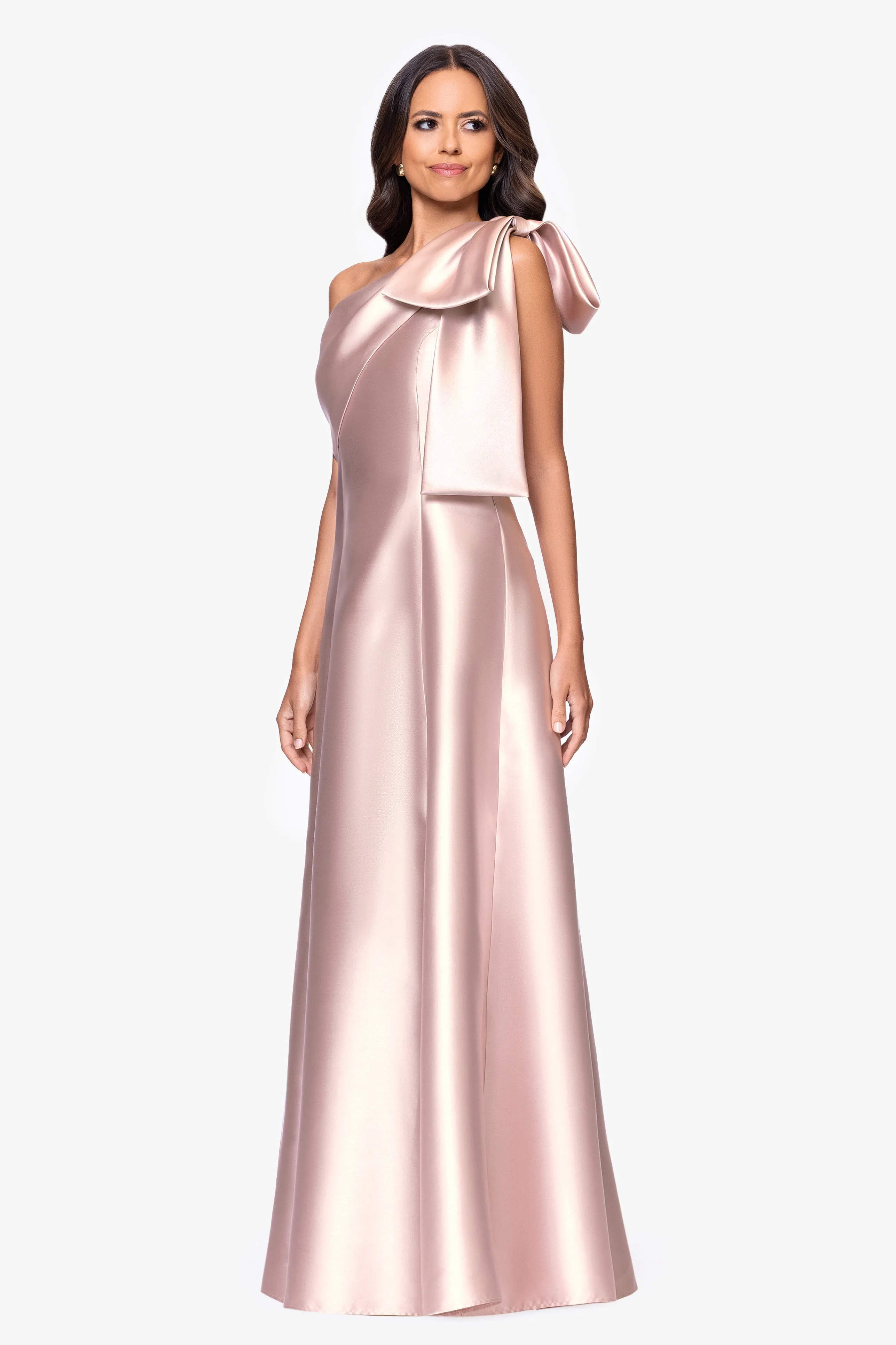 "Rachel" Mikado One Shoulder Bow A-Line Floor Length Dress sold by Betsy & Adam product image thumbnail 5